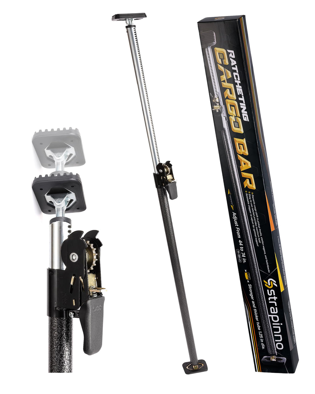 Strapinno - Ratcheting Cargo Bar 44"-74", Non-Slip Truck Bed Divider, Easy Setup, Strong 1.25" Tube, Adjustable Stabilizer for Pickup Trucks