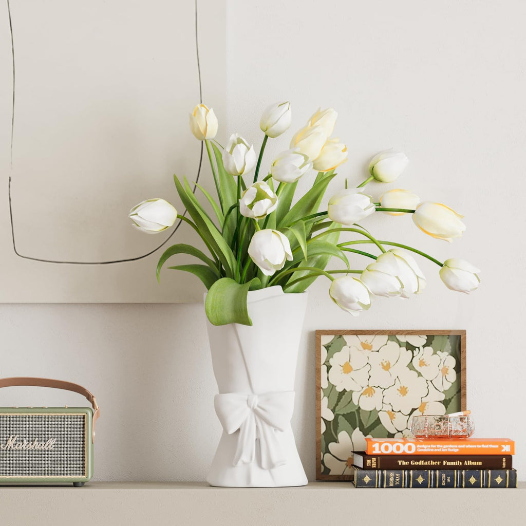Relexome Beige Ceramic Bow Vase 9.64 in Unique Cute Modern Decorative Bouquet Flower Vases for Home Living Room Table Decor Women Girl Gifts
