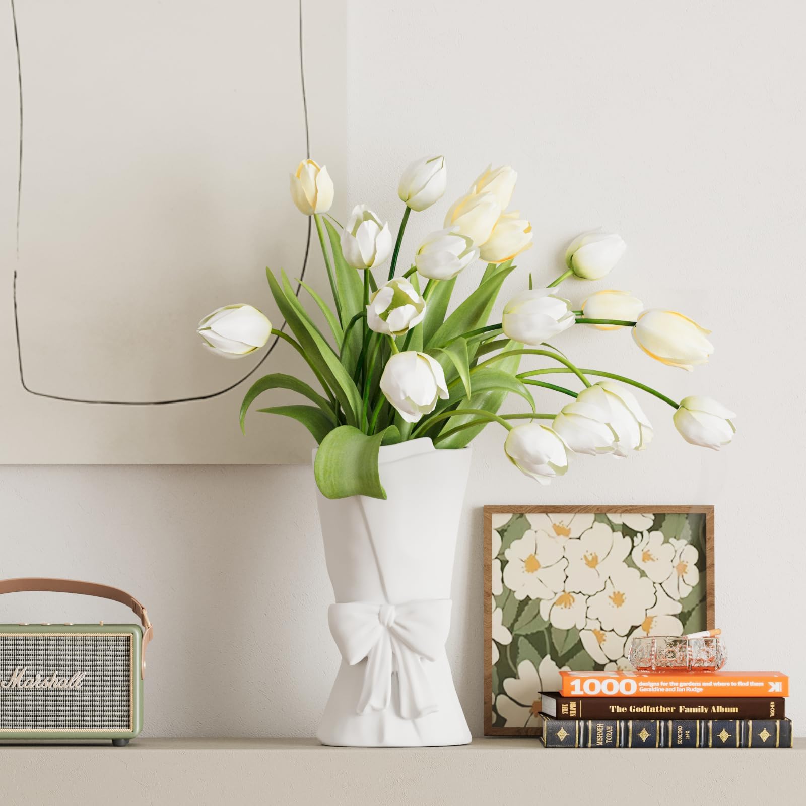 Relexome Beige Ceramic Bow Vase 9.64 in Unique Cute Modern Decorative Bouquet Flower Vases for Home Living Room Table Decor Women Girl Gifts
