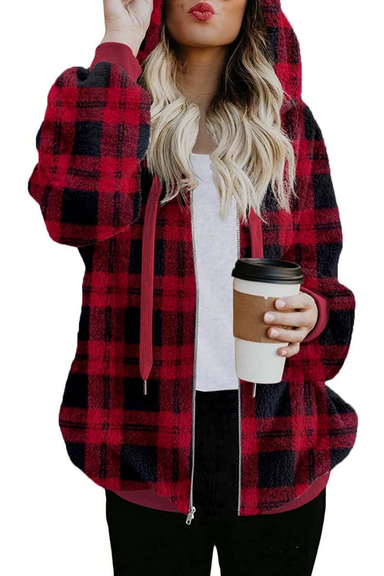 ReachMe Womens Oversized Sherpa Jacket Fuzzy Fleece Zip Up Hoodies with Pockets Warm Fall Outfits Winter Coats