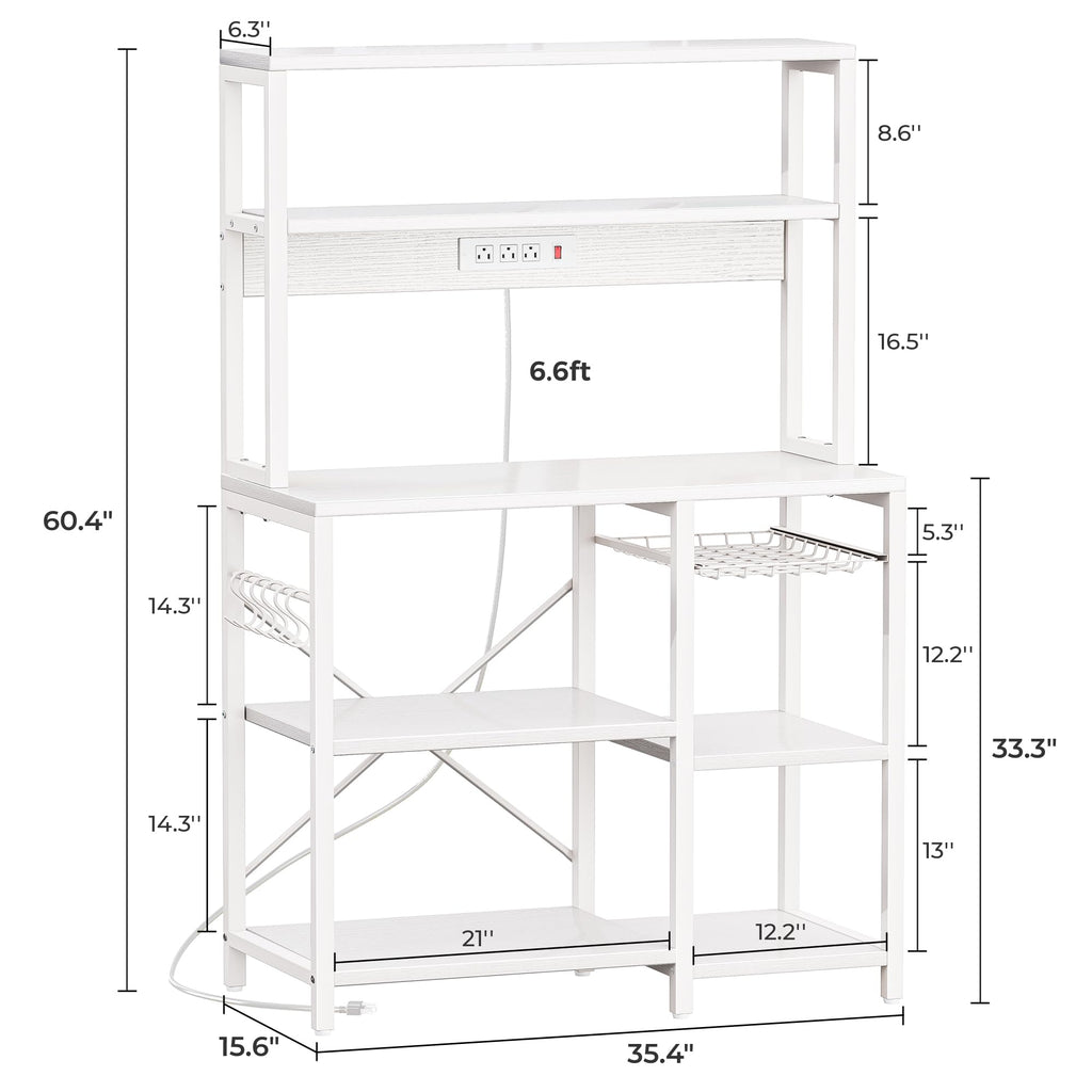 SUPERJARE Bakers Rack with Power Outlet, 35.4 Inches Coffee Bar with Wire Basket, Kitchen Microwave Stand with 6 S-Shaped Hooks, Open Storage Shelves, Black