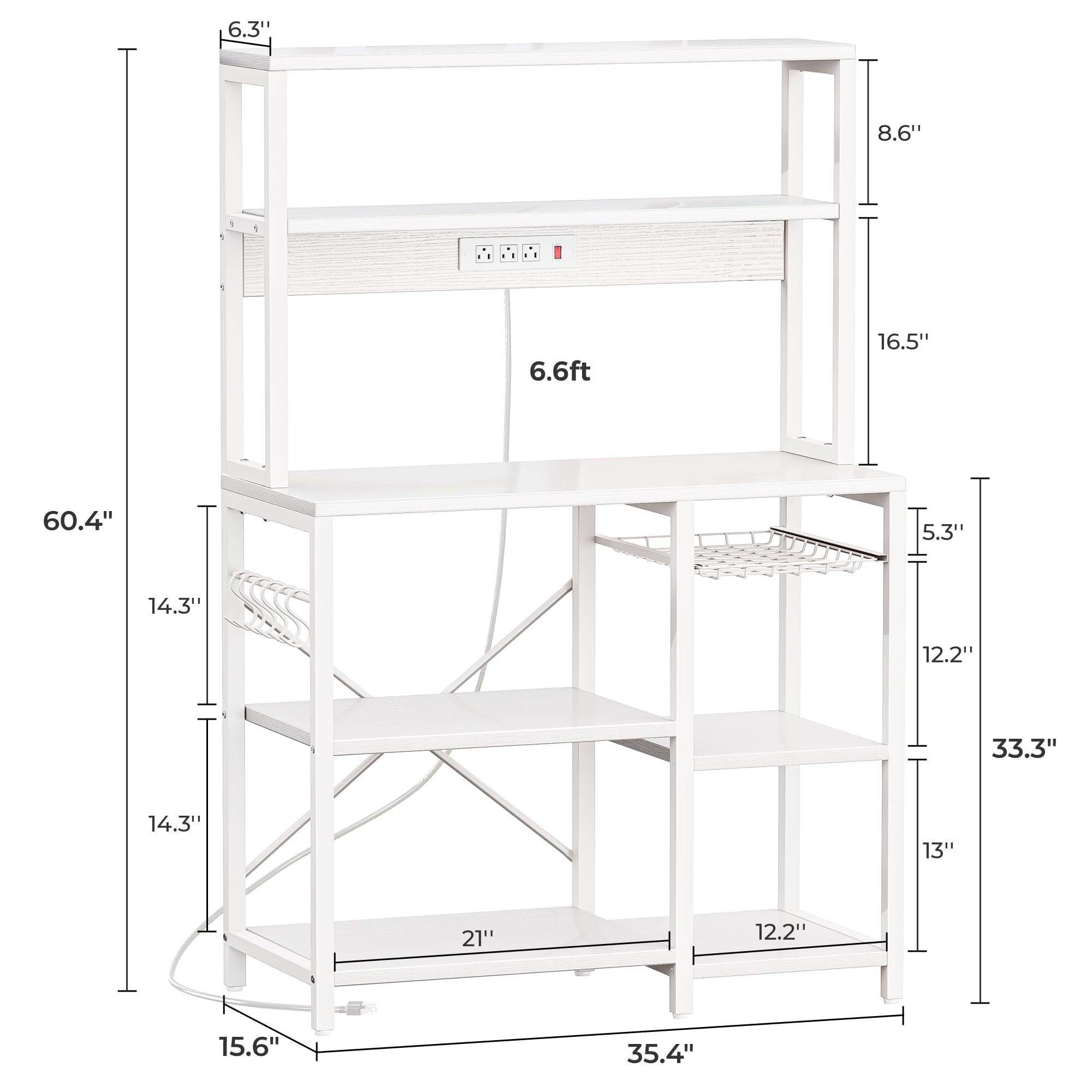 SUPERJARE Bakers Rack with Power Outlet, 35.4 Inches Coffee Bar with Wire Basket, Kitchen Microwave Stand with 6 S-Shaped Hooks, Open Storage Shelves, Black