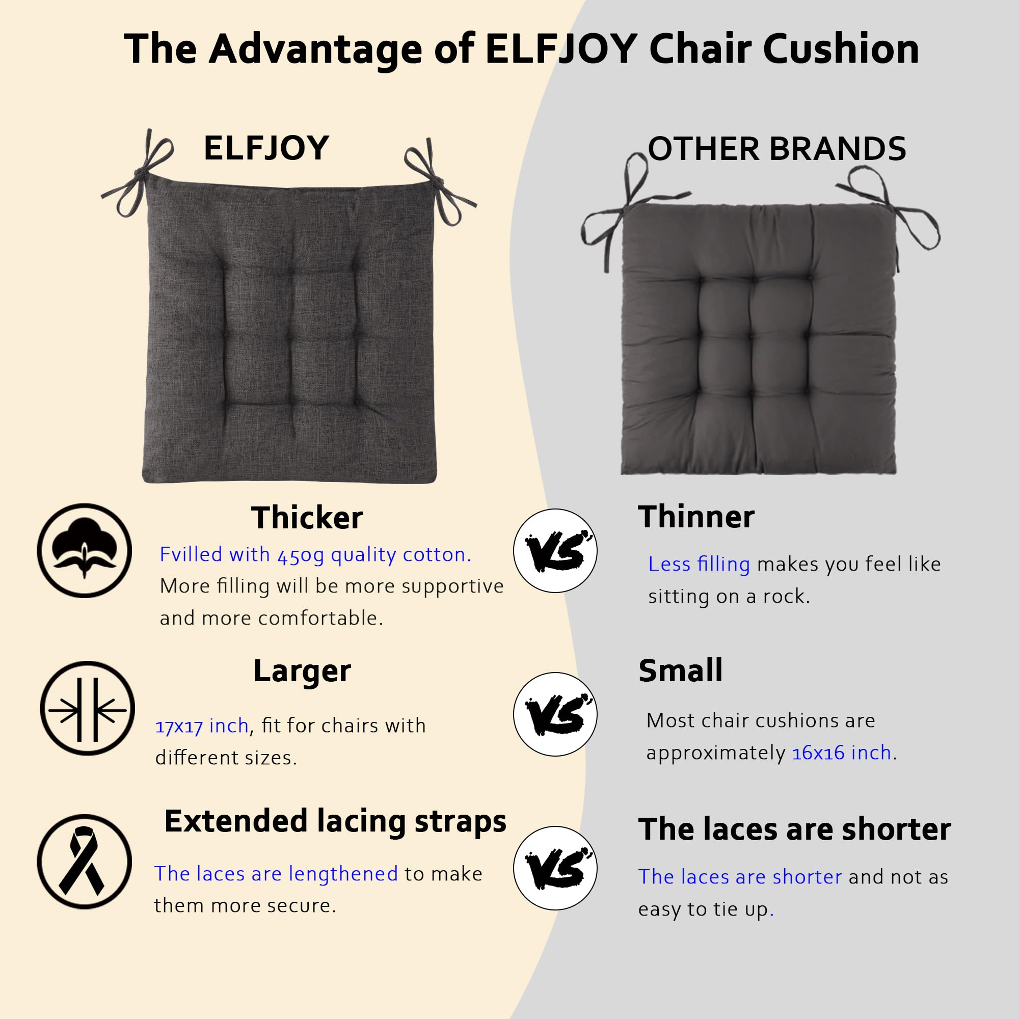 ELFJOY Rocking Chair Cushion Large Rocking Chair Pads with Ties Premium Tufted High Back and Seat Cushion 2 Piece Set Black