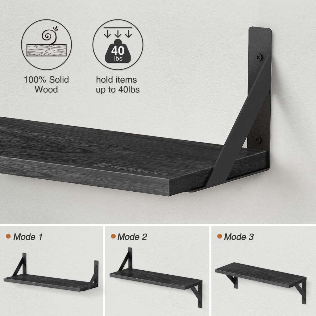 Forbena 12 Inch Deep Floating Shelves for Wall, Wide Black Wall Mounted Shelves for Bedroom Office Books Plants, Large Hanging Shelf for Living Room Bathroom Kitchen Closet Pantry Storage (3-Pack)