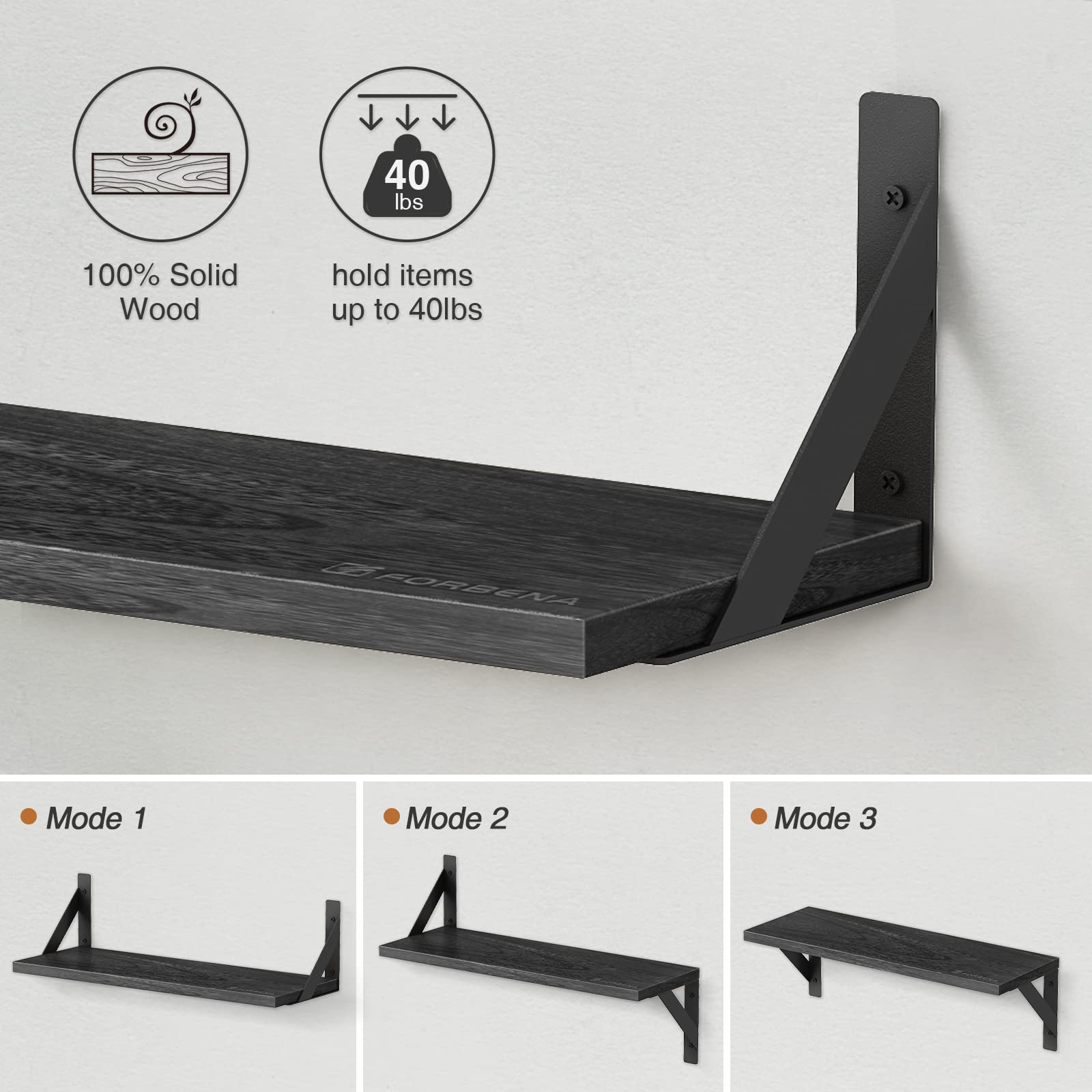 Forbena 12 Inch Deep Floating Shelves for Wall, Wide Black Wall Mounted Shelves for Bedroom Office Books Plants, Large Hanging Shelf for Living Room Bathroom Kitchen Closet Pantry Storage (3-Pack)