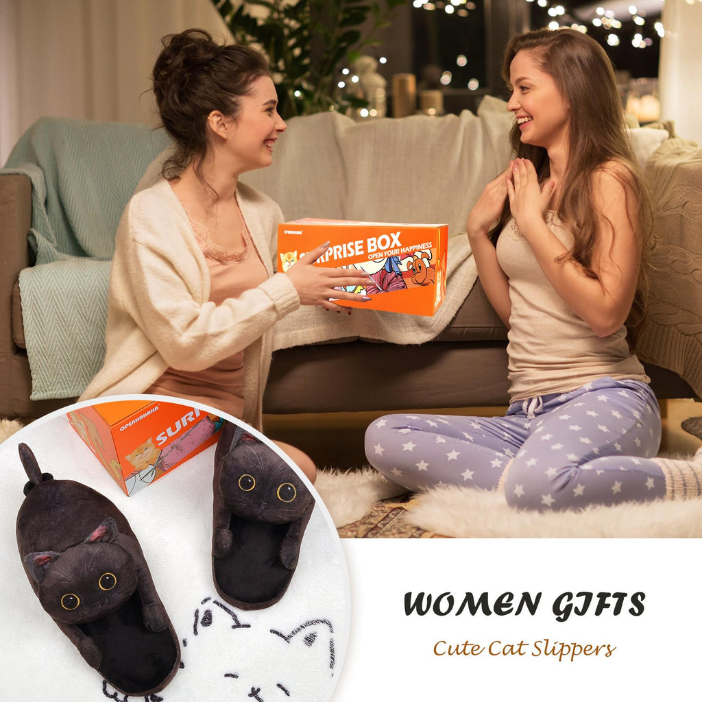Funny Cat Slippers for Women,Fuzzy Animal Indoor House Shoes with Soft Memory Foam,Comfy Plush Warm Slip-on Slippers,Cat Gifts for Cat Lover