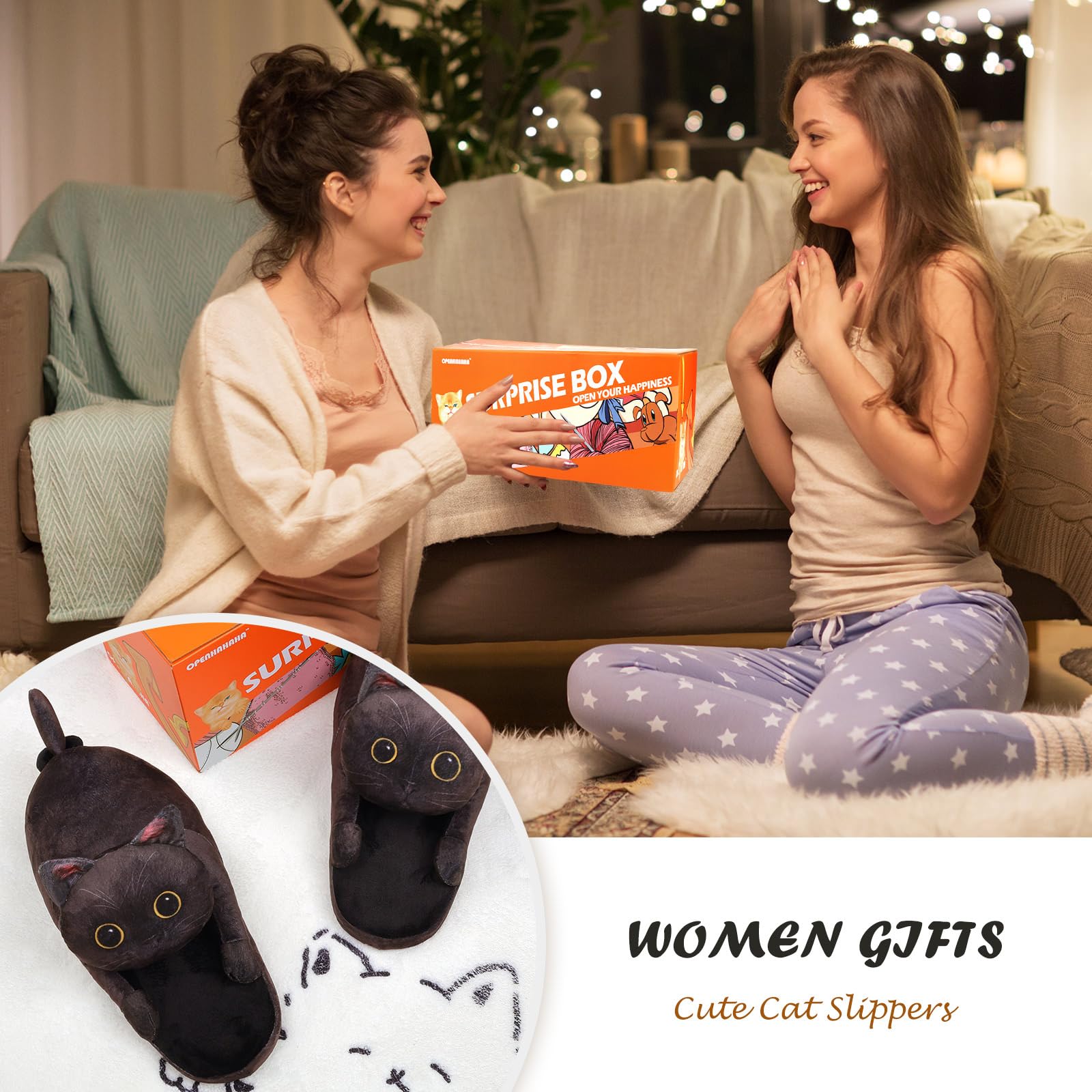 Funny Cat Slippers for Women,Fuzzy Animal Indoor House Shoes with Soft Memory Foam,Comfy Plush Warm Slip-on Slippers,Cat Gifts for Cat Lover