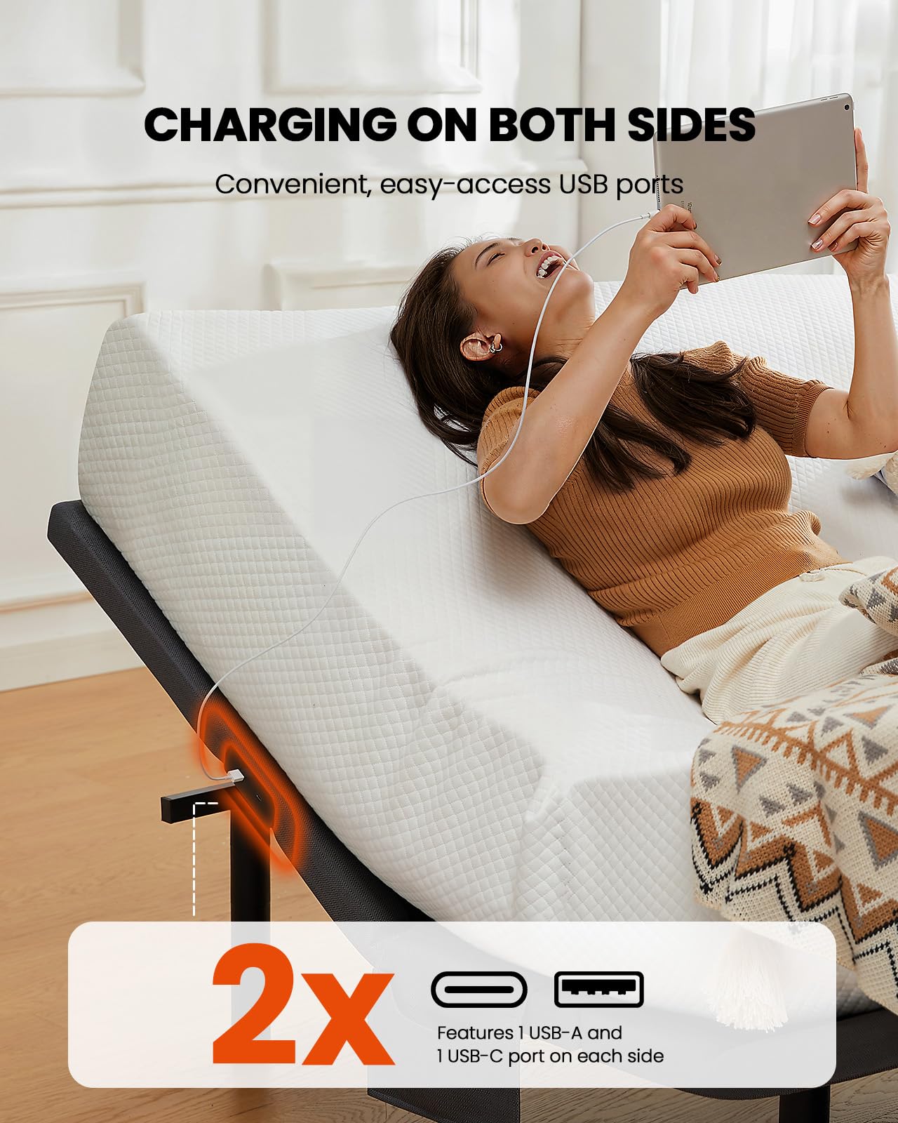 AMADA HOMEFURNISHING Adjustable Bed Frame with Massage, App-Controlled Twin XL Adjustable Bed Base with 4 USB Ports & Under-Bed LED Light, Wireless Electric Bed Frame, 4 Height Options, TXL2