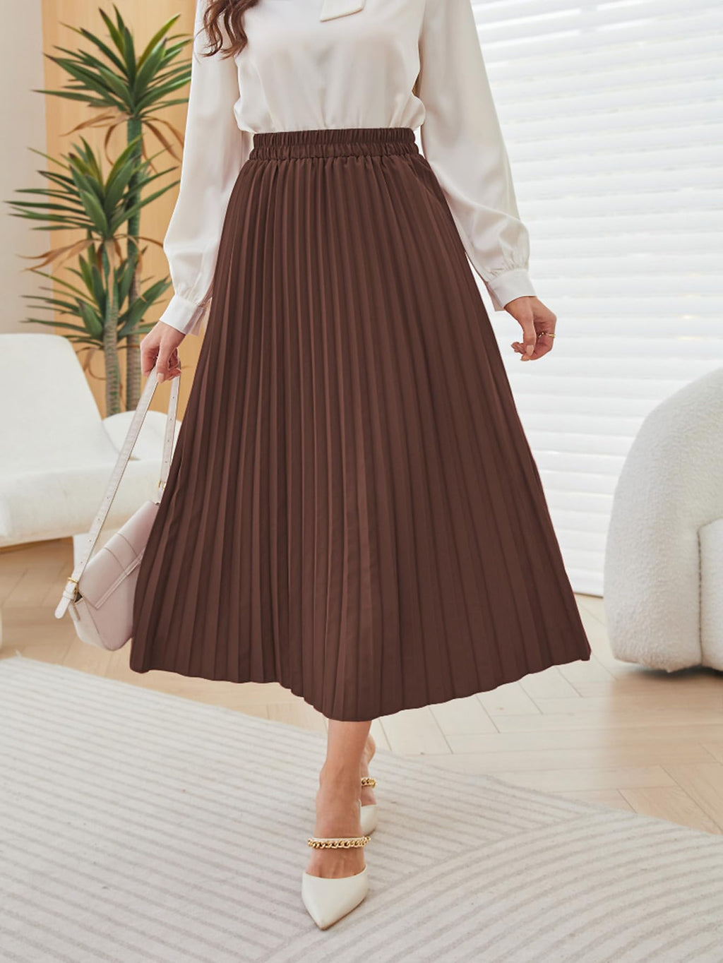SweatyRocks Women's Casual Solid Longline Pleated Long Skirt