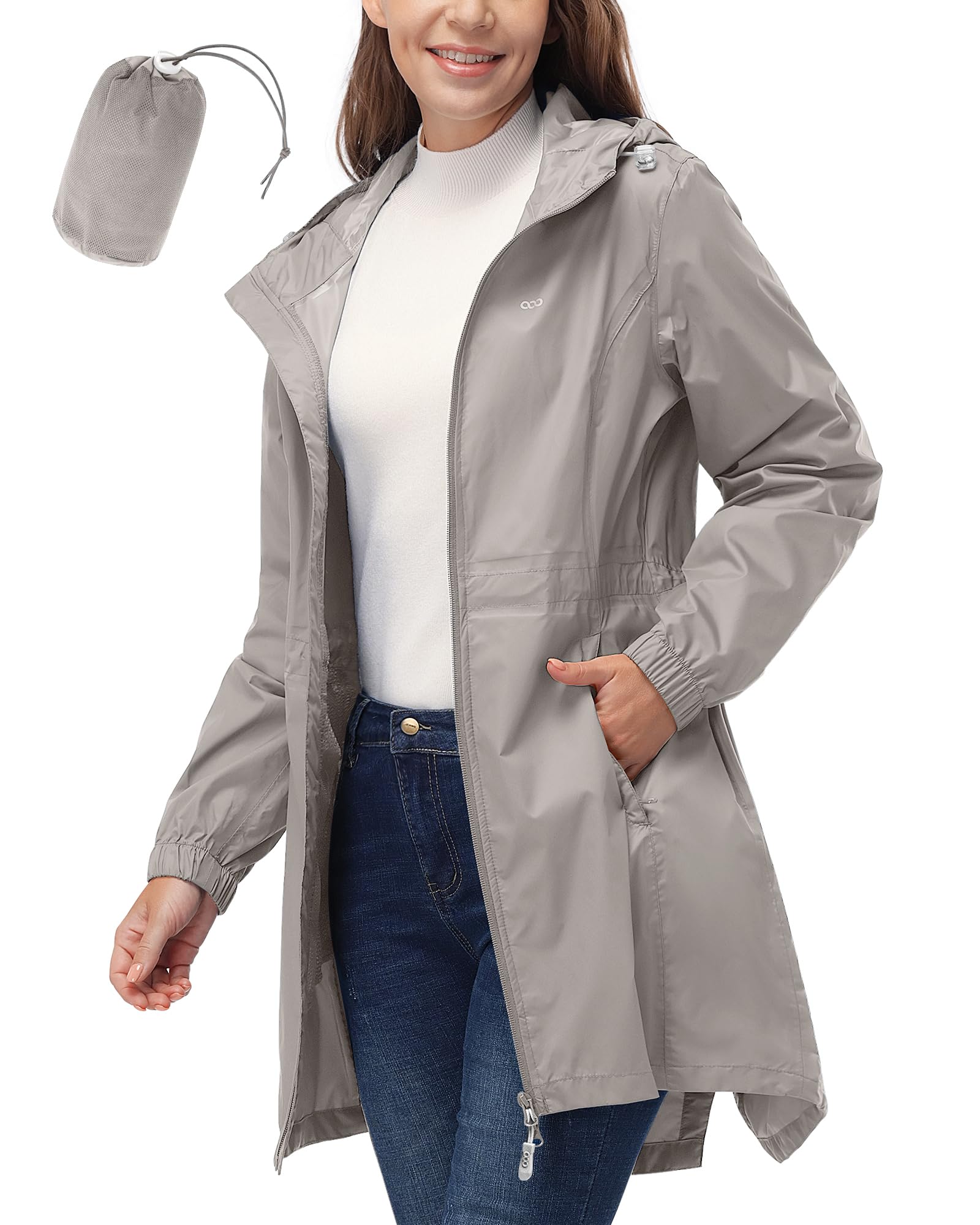 33,000ft Women's Waterproof Long Rain Coats Packable Rain Jacket with Hood Trench Coats Windbreaker