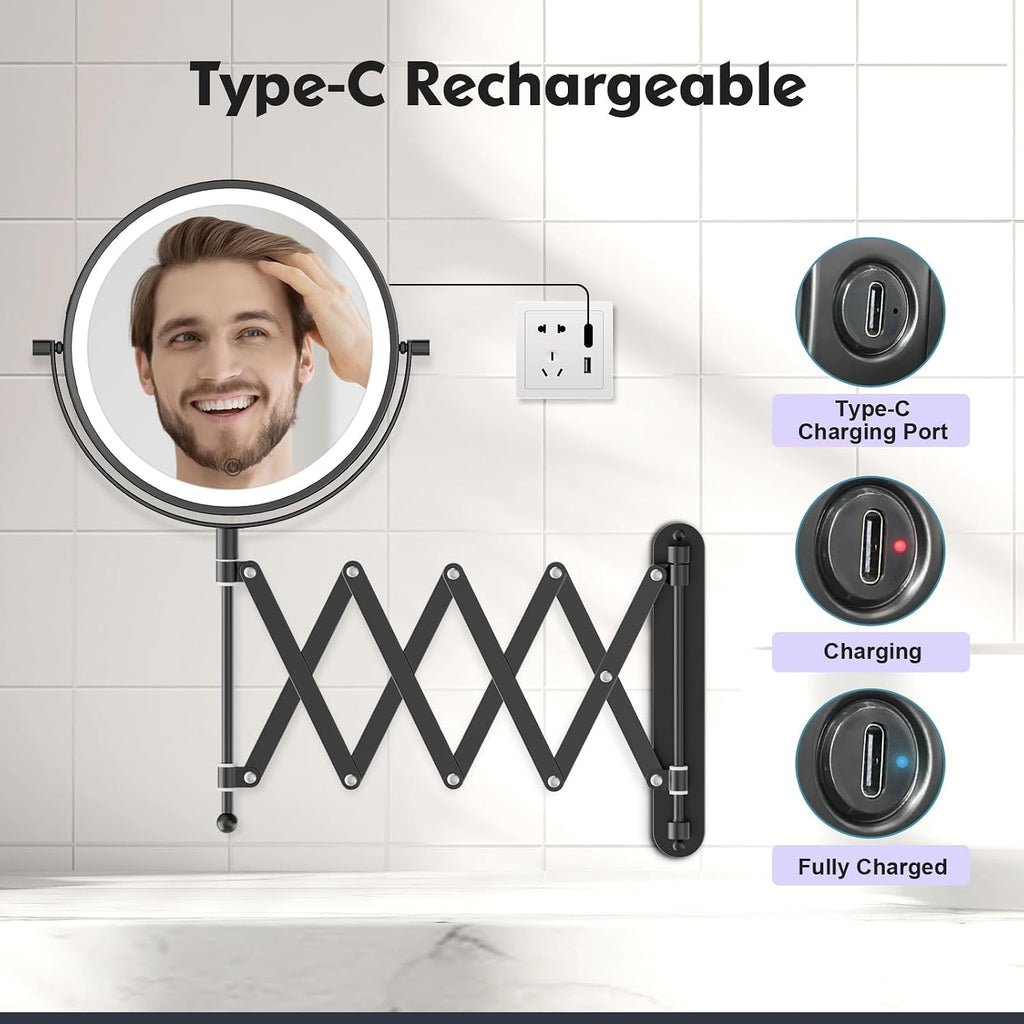 FUNTOUCH Rechargeable Cosmetic Mirror with 1X/30X Magnification, 4000 mAh, 3 Colours Lighting, Extended Arm Makeup Mirror, 360° Rotatable Wall Mirror for Bathroom and Hotel (Black)