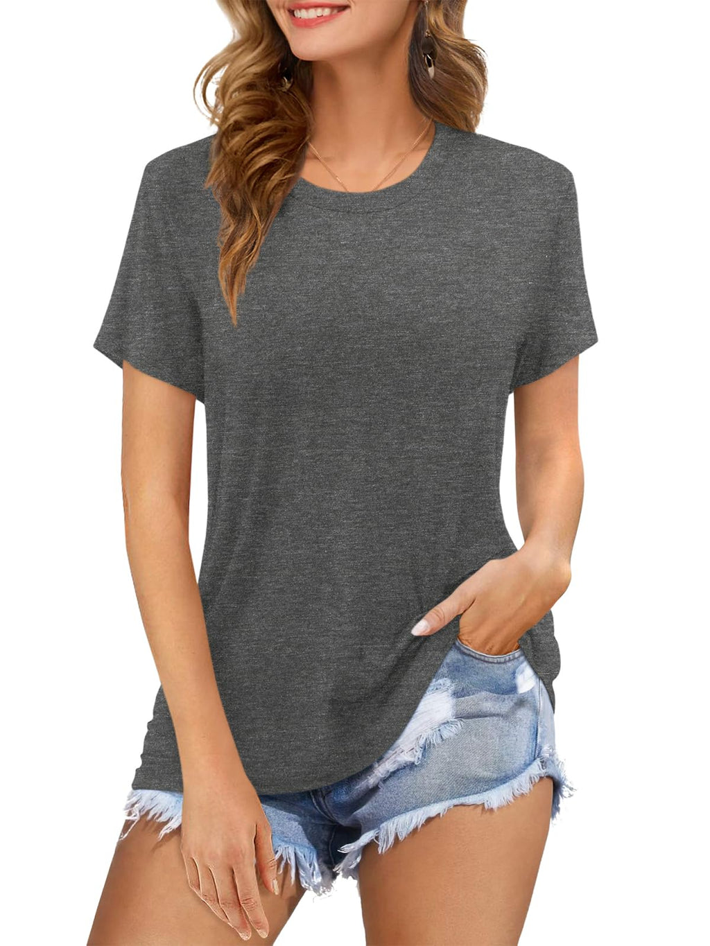 Womens Short Sleeve T Shirts Crewneck Summer Trendy Solid Basic Tee Tops Casual Summer Loose Fit Shirts