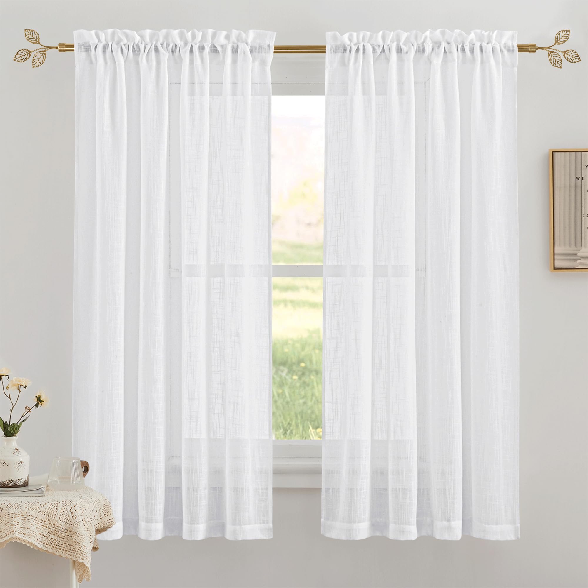 RYB HOME Small Curtain Rod 28 to 48 Inch Adjustable Telescoping Blackout Decorative Drape Rod with Leaf Finial for Cafe Kitchen Kids Bedroom Bathroom Shower Living, Antique Brass, 1 Inch Diameter