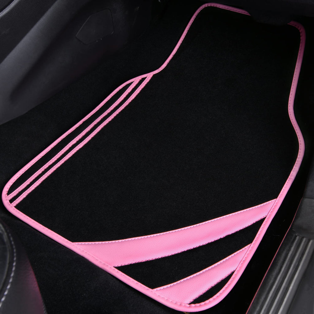 CAR PASS Car Seat Covers Full Set for Women Girls with Waterproof Car Floor Mats,Anti-Slip Leather Steering Wheel Cover,Universal Fit for SUVs,Vans,Trucks,Sedans,Cars (Combo Set,Black & Pink)