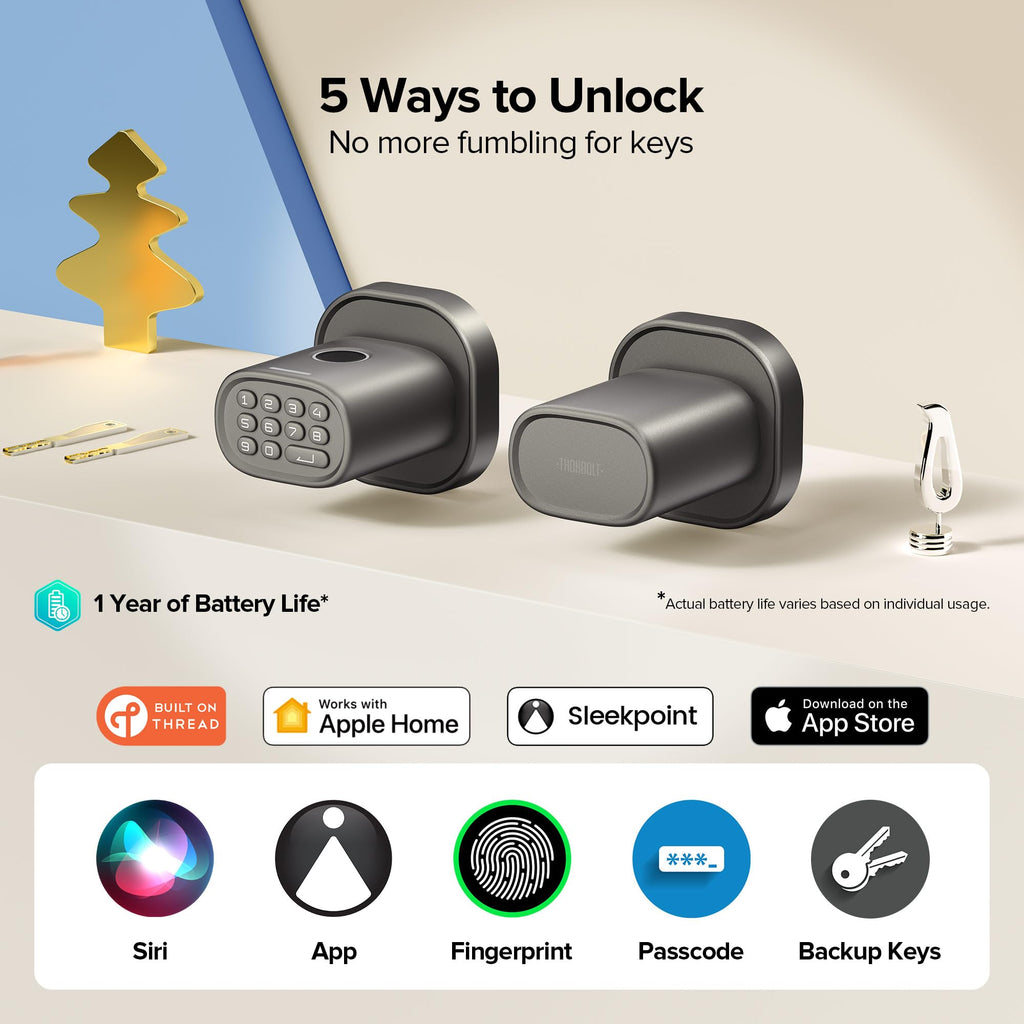 ThorBolt Fingerprint Door Lock with Keypad Door Knob, HomeKit Lock Over 𝗧𝗛𝗥𝗘𝗔𝗗, HomeKit Hub 𝗥𝗲𝗾𝘂𝗶𝗿𝗲𝗱, 𝗶𝗢𝗦 𝗢𝗡𝗟𝗬 Smart Lock for Interior Door, Bedroom, Office, MK1 Black