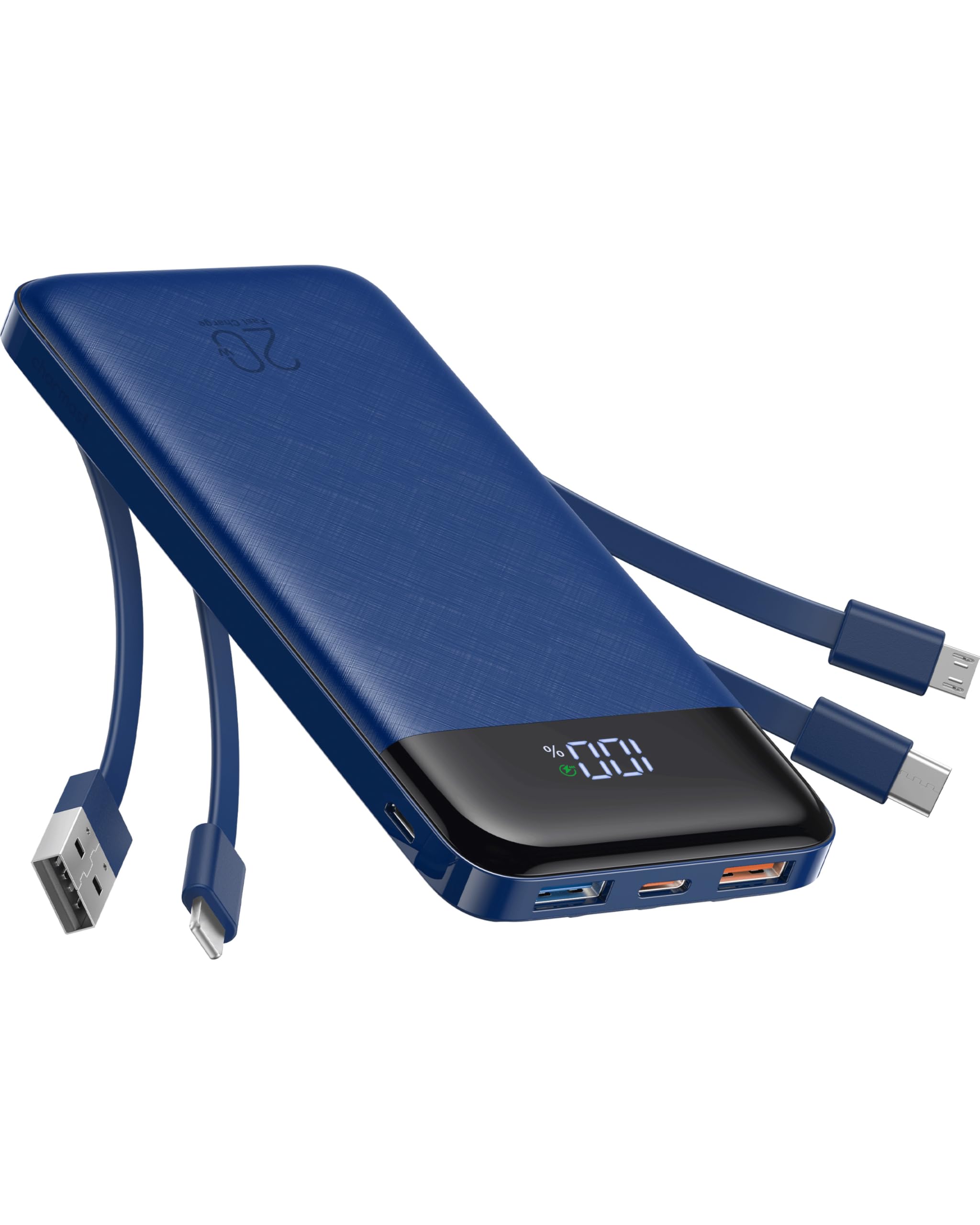 charmast 20000mAh Portable Charger with Built in Cables, 22.5W Travel Power Bank Fast Charging, USB C Cell Phone Battery Pack for iPhone 17/16/15/14/13/12 Series, iPad, Samsung, Android, Tablet
