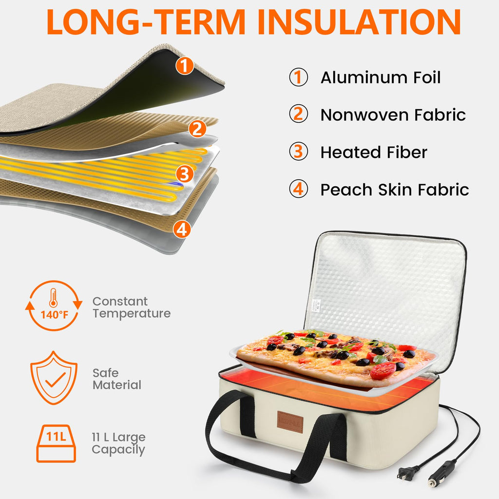 Food Warmer Electric Casserole Carrier - Large Heated Lunch Bag for Car Truck, 12V/24V/110V, Thermos for hot food for Potluck Cookouts Parties Picnic,Lasagna Lugger,Fits 9"x13" Baking Pan (Beige)