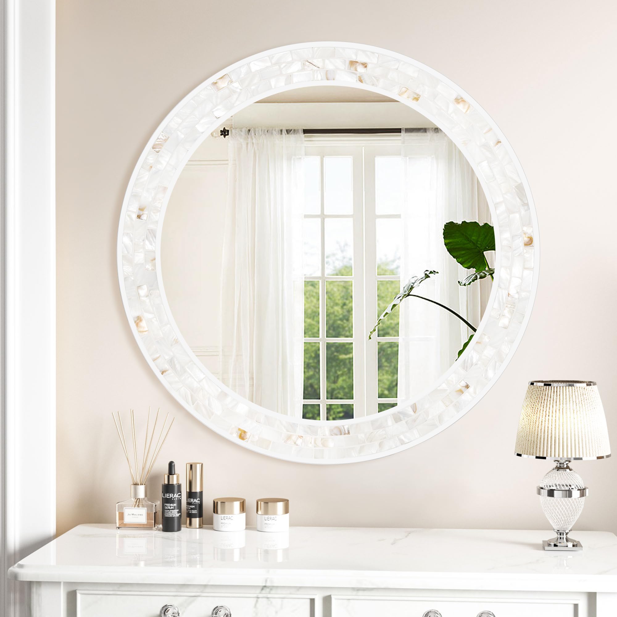 Tanmicoshomy Round Wall Mirror 24 Inch,Circle Mosaic Mirror with Natural Mother of Pearl and Wood Frame, Decorative Coastal Round Wall Mirror for Bathroom Bedroom Living Room Entryway