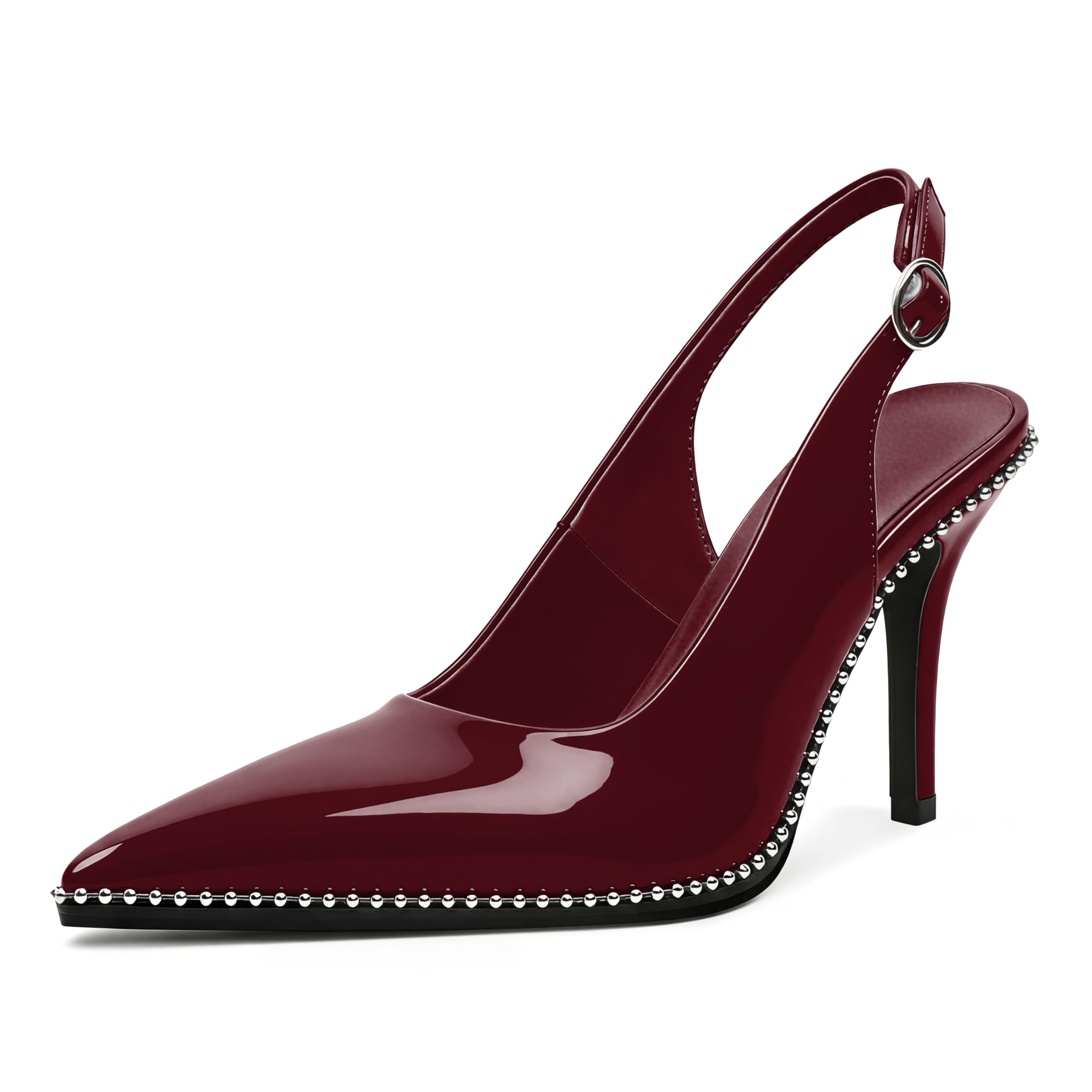 Zamikoo Women Beaded Pumps High Heel Slingback Pointed Toe Slip On 3.5 Inch Stilettos Ankle Strap Adjustable Buckle Patent Leather US Size 5 -Size 13