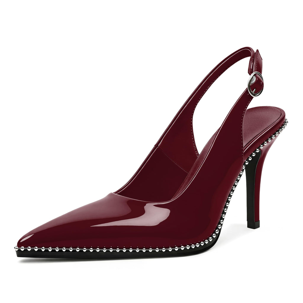 Zamikoo Women Beaded Pumps High Heel Slingback Pointed Toe Slip On 3.5 Inch Stilettos Ankle Strap Adjustable Buckle Patent Leather US Size 5 -Size 13