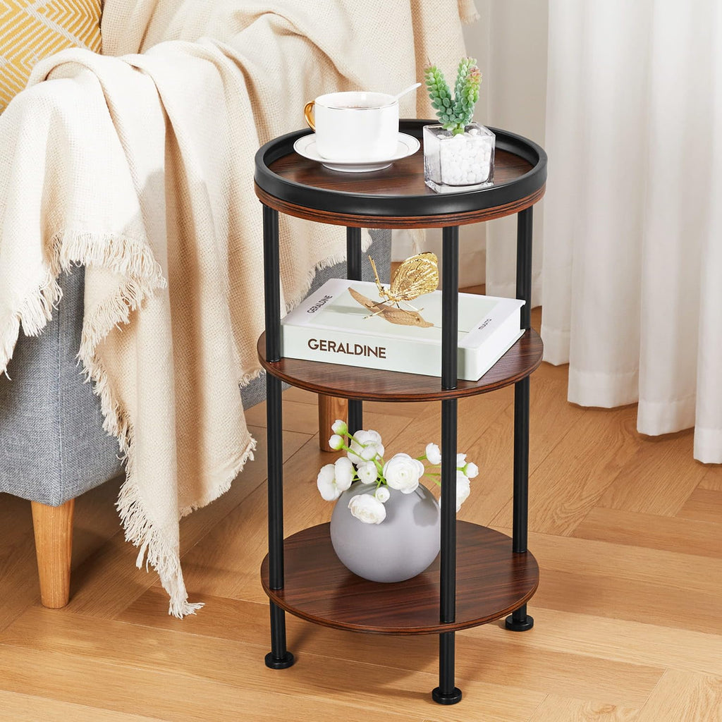 Small Round Side Table with Charging Station for Small Spaces, 3-Tier Accent Table with USB Ports & Power Outlets, Sofa Corner Tea Table for Living Room Nightstand Bedroom Apartment (Black)