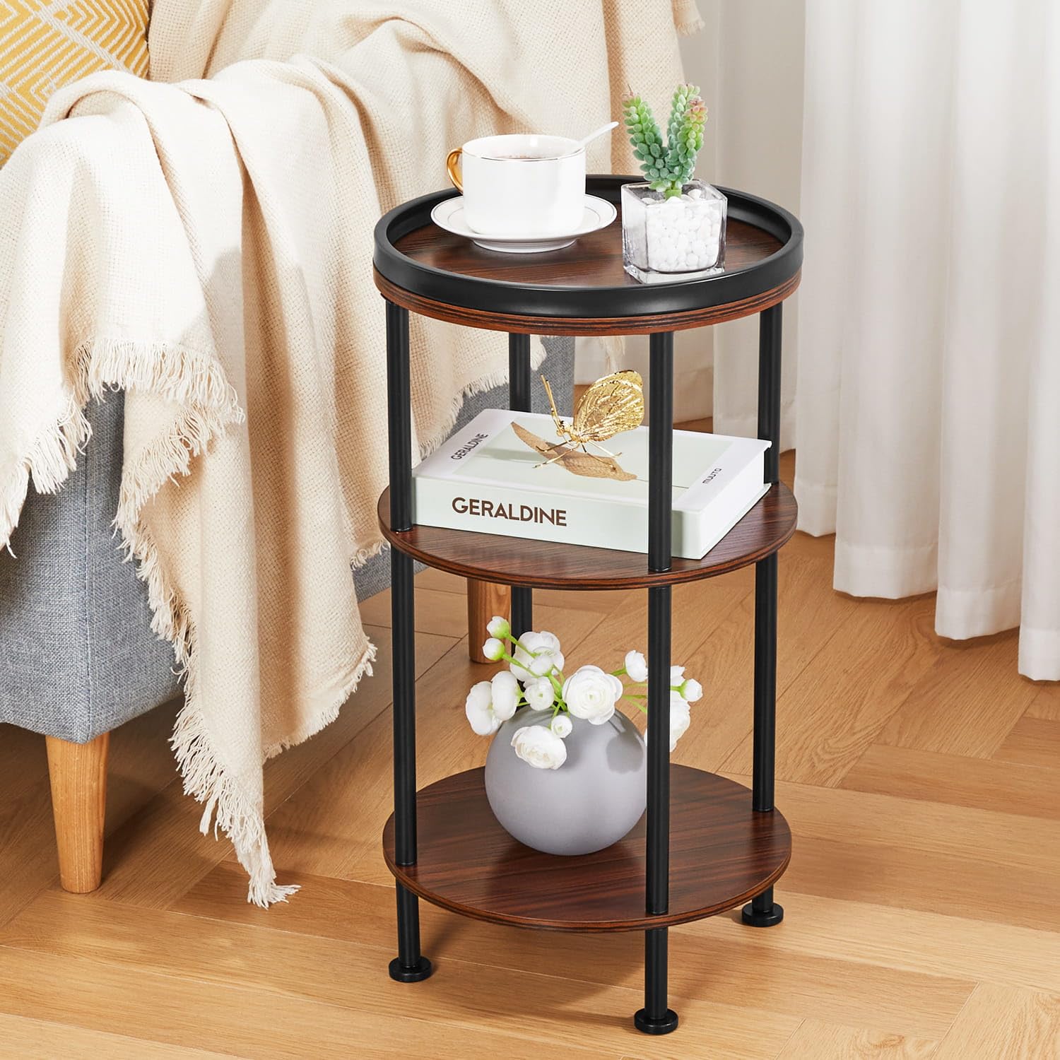 Small Round Side Table with Charging Station for Small Spaces, 3-Tier Accent Table with USB Ports & Power Outlets, Sofa Corner Tea Table for Living Room Nightstand Bedroom Apartment (Black)