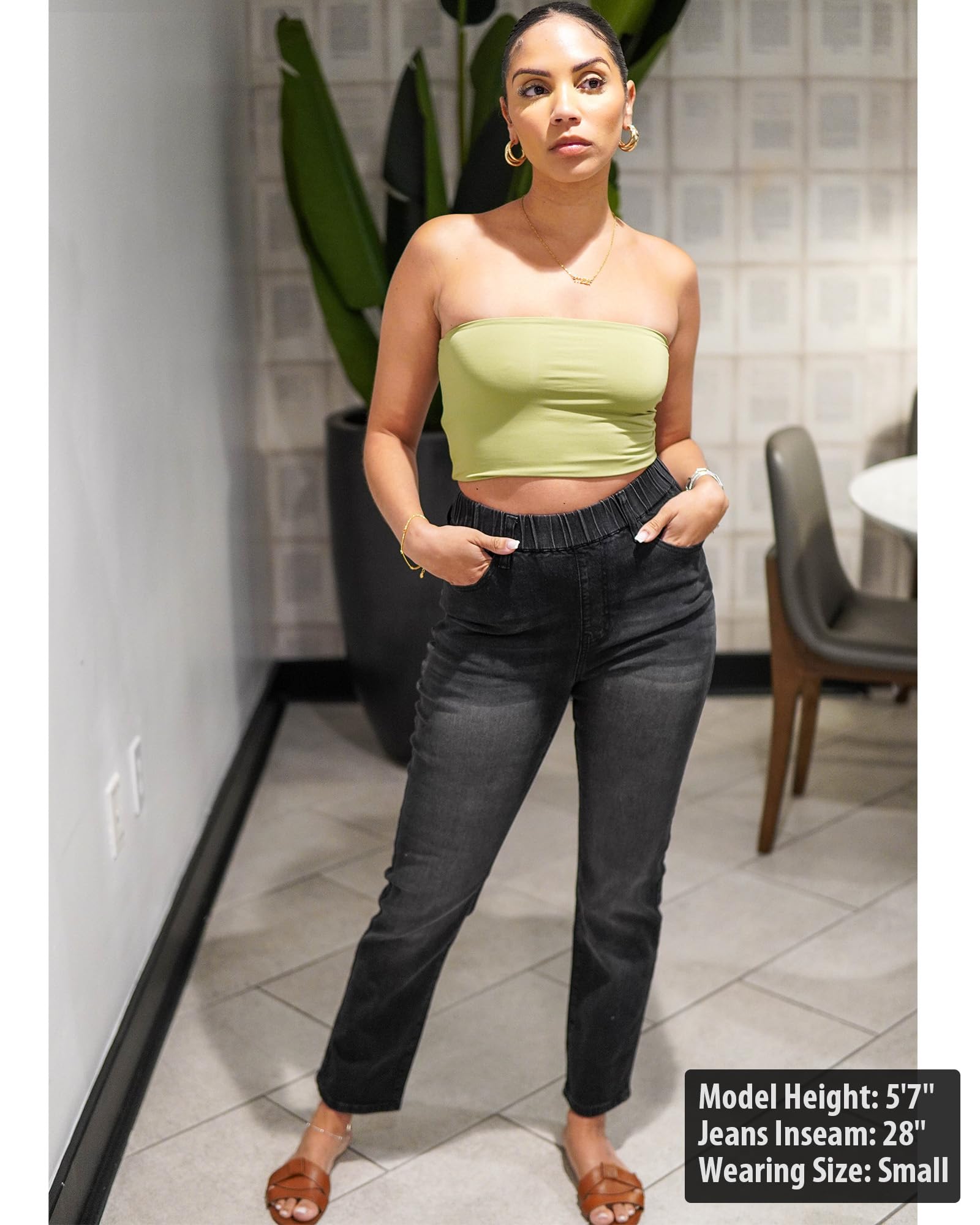 GRAPENT Straight Leg Jeans for Women Trendy Pull On High Waisted Cropped Elastic Waist Stretchy Denim Pants Ankle Jeans
