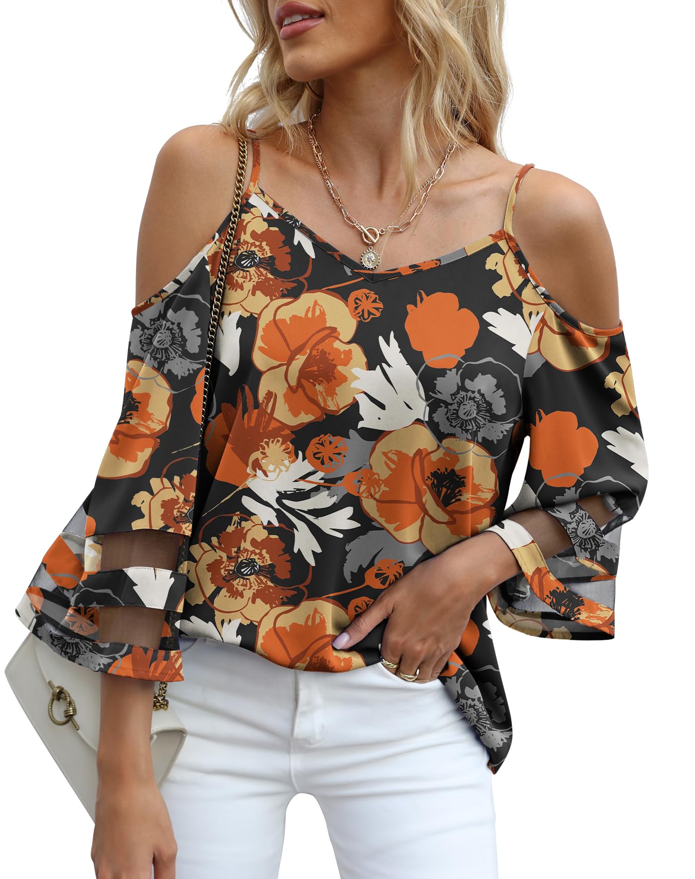 Jouica Womens Summer Cold Shoulder Tops Mesh Panel 3/4 Bell Sleeve Tees Adjustable Spaghetti Strap Loose Fit Shirts