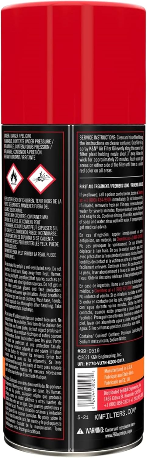 K&N Air Filter Oil: Aerosol; Restore Engine Air Filter Performance and Efficiency, 99-0516, 347g(12.25 Oz)
