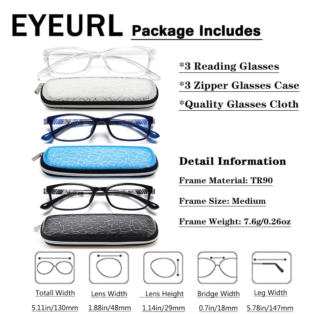 EYEURL Reading Glasses for Women Men Blue Light Blocking, 0.00 Anti Eye Strain Computer Readers, TR90 Ultra Lightweight Rectangle Frame Eyeglasses