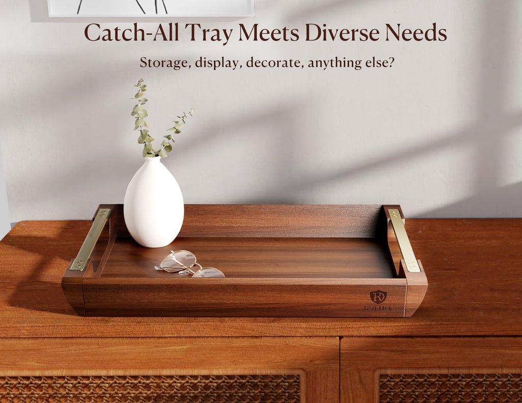 Acacia Wood Serving Tray with Metal Handles, 17x13in Food Drinks Tray for Coffee Table, Breakfast, Dinner & Bar, Rustic Decorative Storage Tray for Ottoman, Kitchen, Elegent Gift for Father