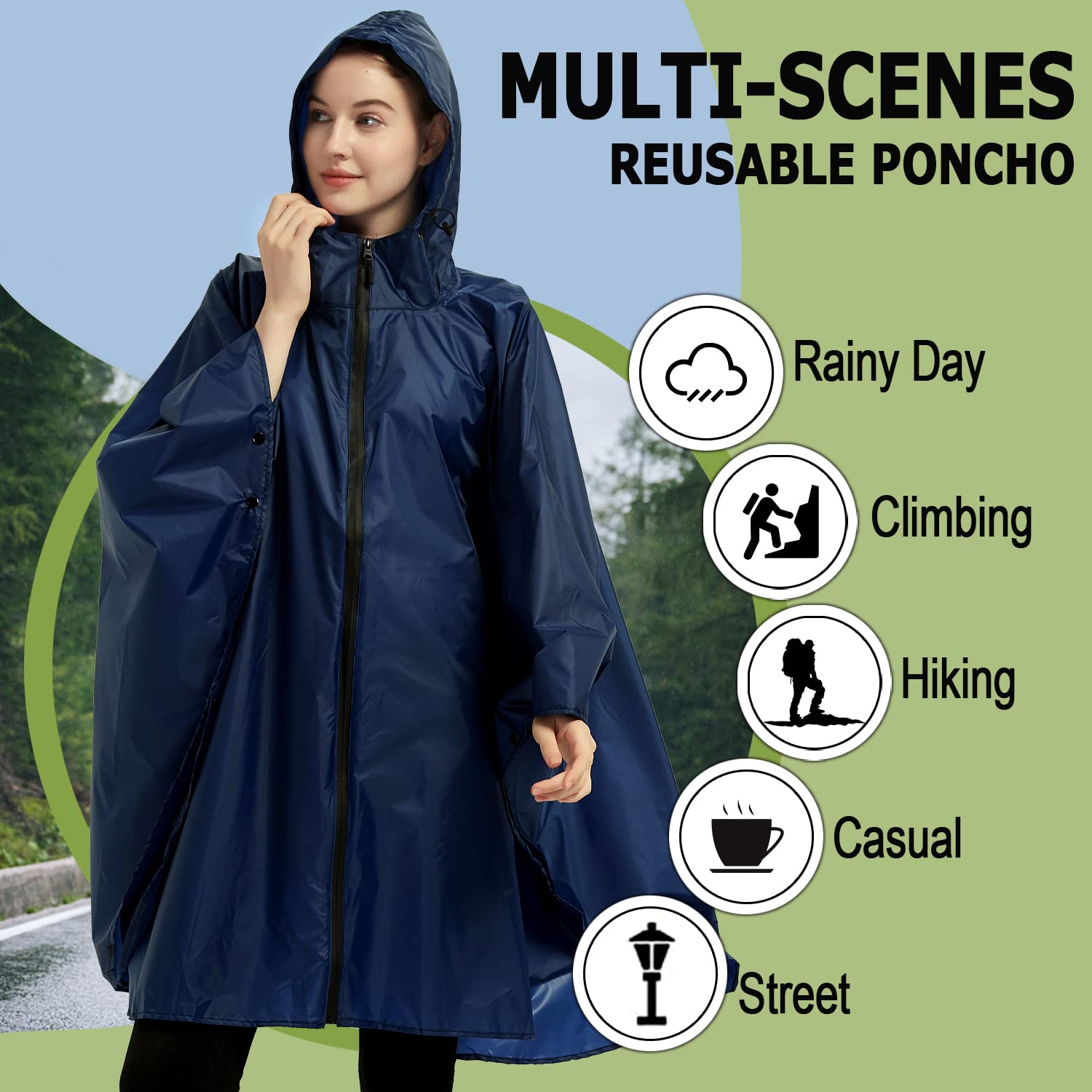 Rain Poncho Jacket Coat Hooded Zipper Style for Women/Men/Adult with Pocket