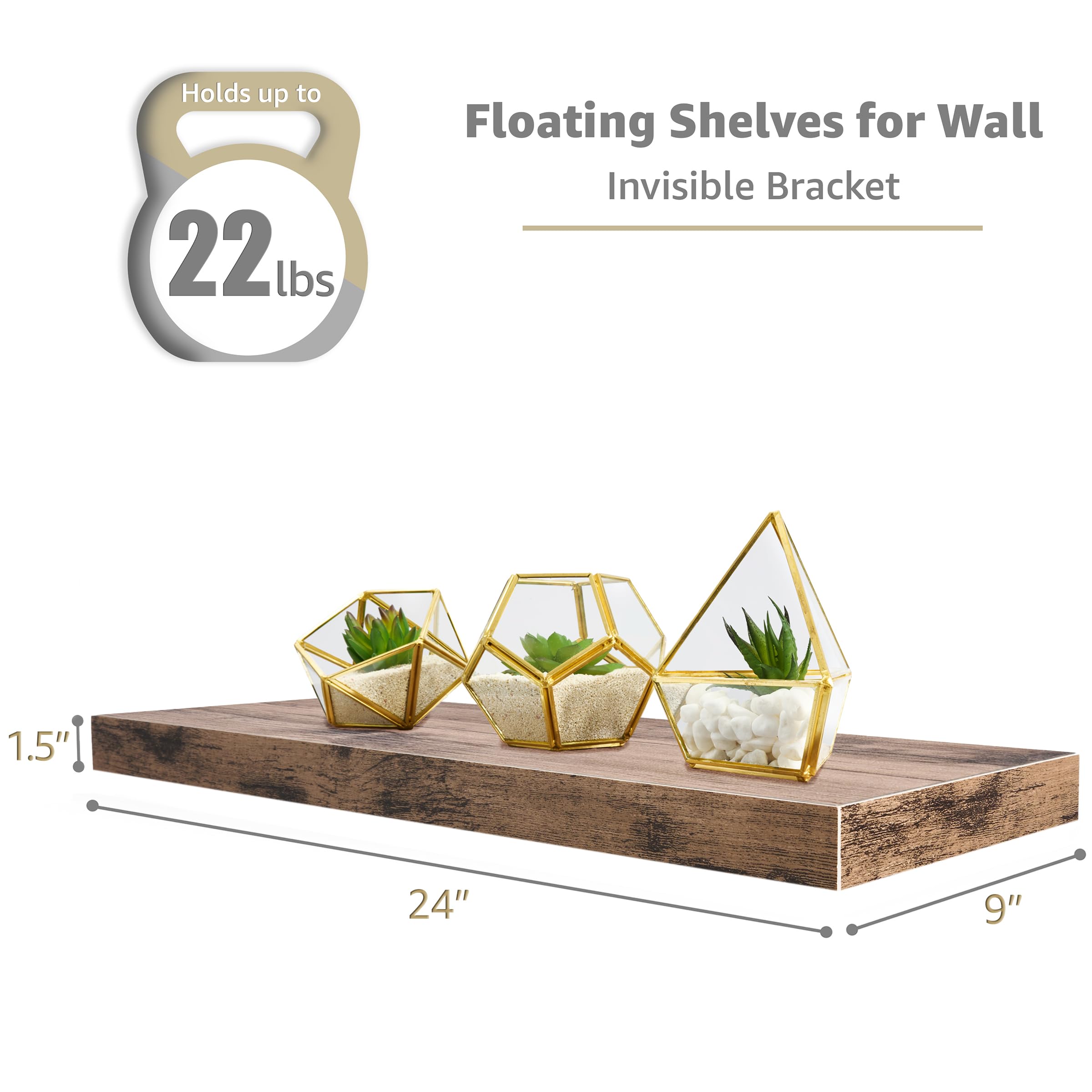 Sorbus Floating Shelves for Wall - 24" Bathroom Shelves, Wall Decor for Bedroom, Kitchen, Living Room, Home Decor & Book Storage - Mounted Floating Shelf with Invisible Brackets (Black, 2 Pack)