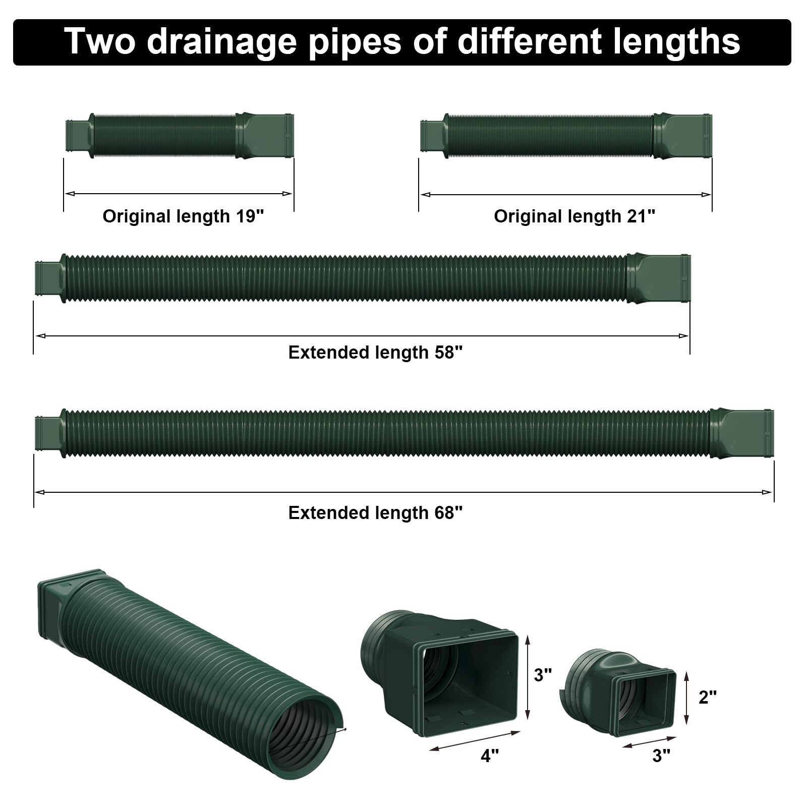 plusgutter 2 Pack Rain Gutter Downspout Extensions, Flexible Downspout Extender with 58"+68" Extendable Pipes for Rain Water Drainage, Durable Down Spout Drain Extension with Connector (Black)