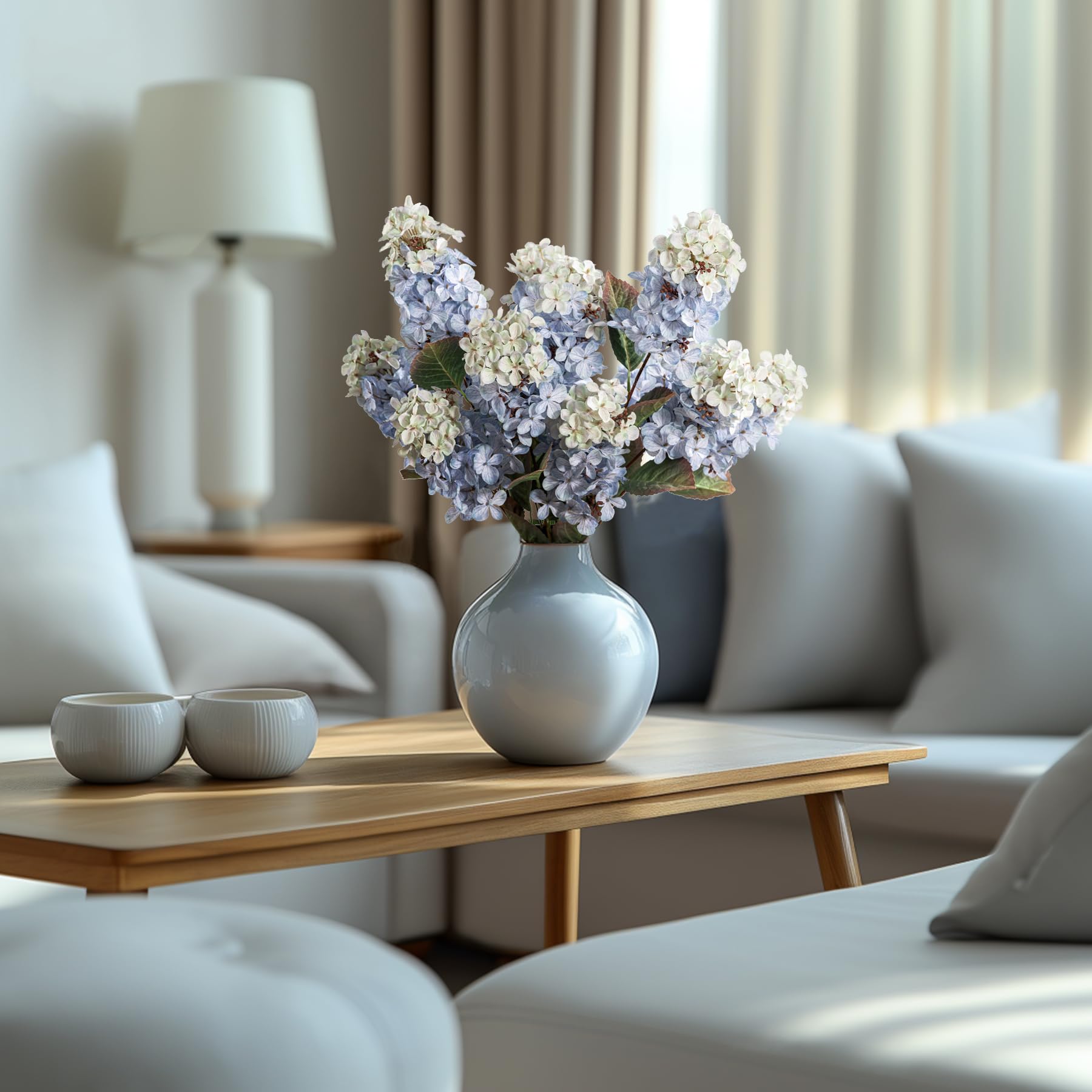 Ttranewsoo Hydrangea Artificial Flowers,Fall Hydrangeas Artificial Flowers,Blue Fake Fall Dried Hydrangea Flowers Decoration,Faux Silk Flower with Stems Winter Decor(Blue 24" 8pcs) Without Vase