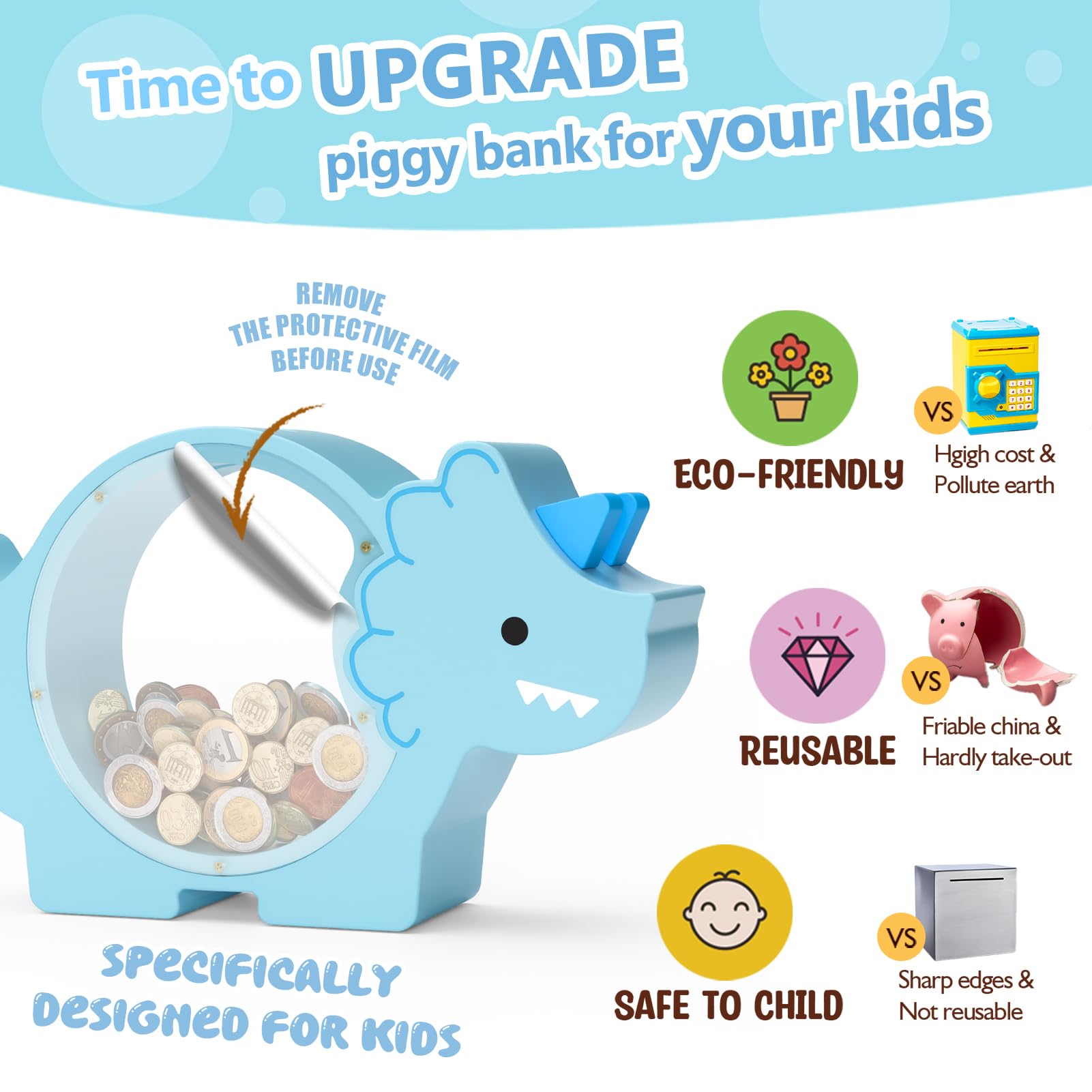 Summidate Wooden Dinosaur Piggy Bank for Kids Boys, Cute Wood Dino Money Bank for Toddlers, Creative Saving Coin Jar, Personalized Present for Child Birthday & Decor (Brachiosaurus, Custom)