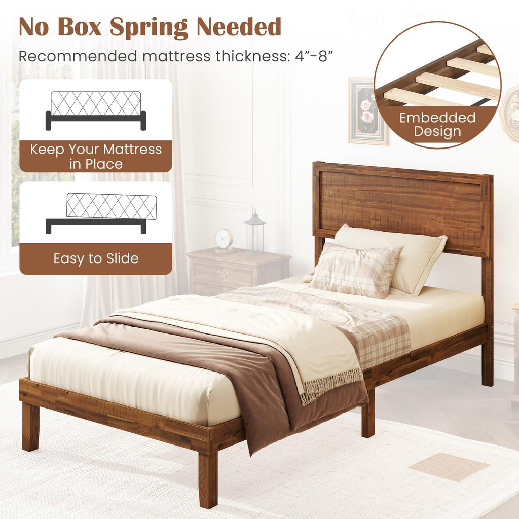 Giantex Wood Twin Bed Frames with Headboard, Solid Acacia Wood Platform Bed with 12 Strong Wooden Slat Support, Scandinavian Style Art Deco Twin Size Bed Frame, No Box Spring Needed, Rustic Brown