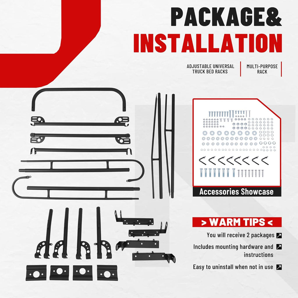 ECOTRIC 1000 LBS Adjustable 58"-69" Universal Truck Bed Rack Contractor Ladder Pickup Lumber Utility Kayak Full Size Rack 60"(W) x 138"(L) x 34"(H) (Notice:You Will Receive Two Packages for This Item)