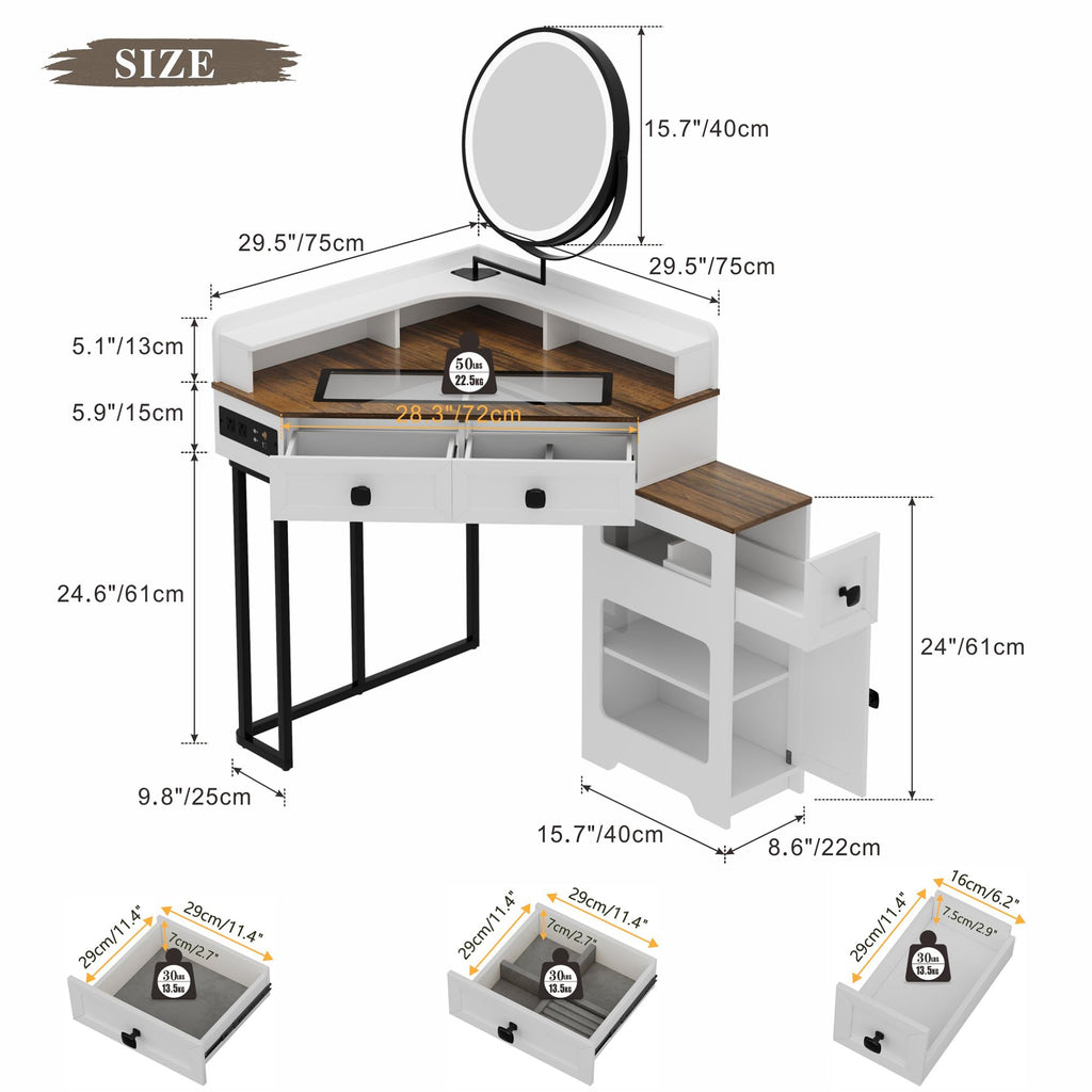 Corner Vanity Desk with Mirror and Lights, Modern Makeup Vanity with Charging Station & Human Sensor Light, Glass Top Dressing Table with 4 Drawers & Shelves for Bedroom (White)