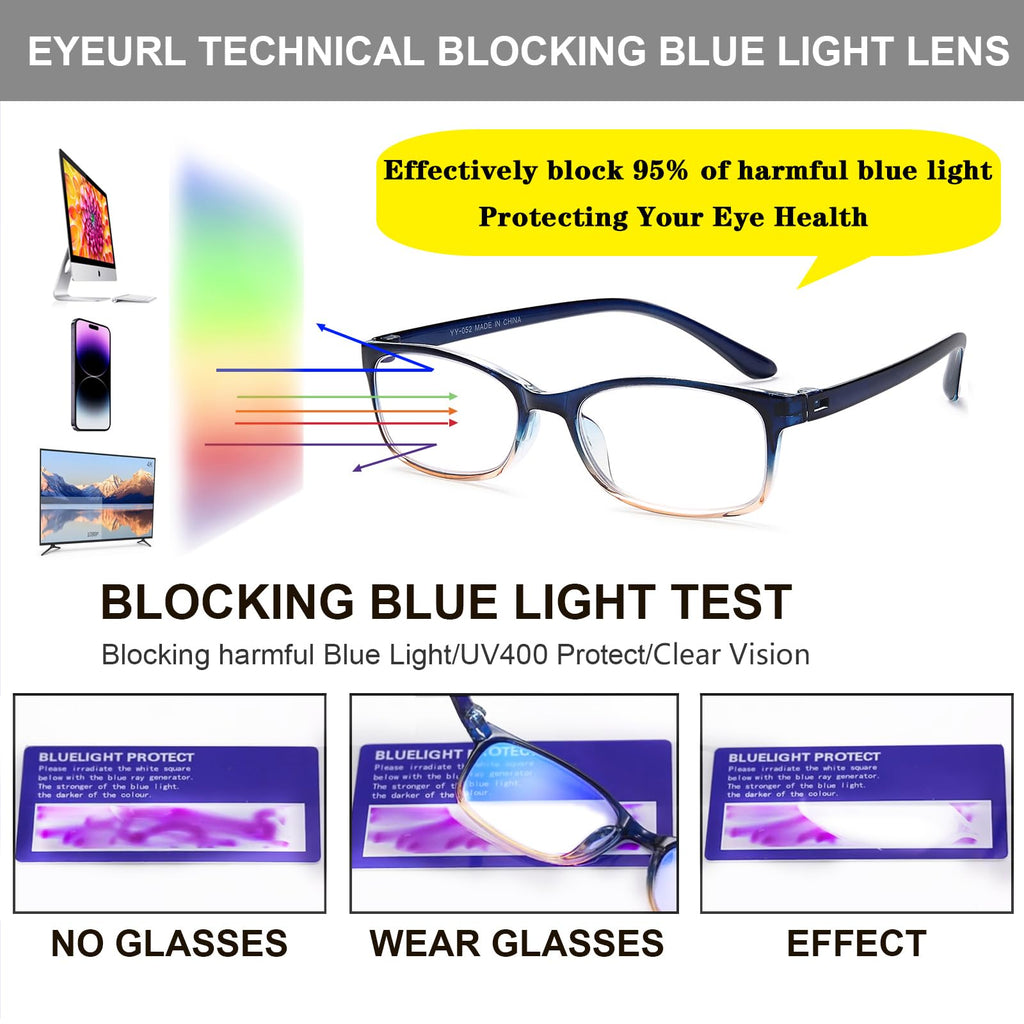 EYEURL Reading Glasses for Women Men Blue Light Blocking, 0.00 Anti Eye Strain Computer Readers, TR90 Ultra Lightweight Rectangle Frame Eyeglasses