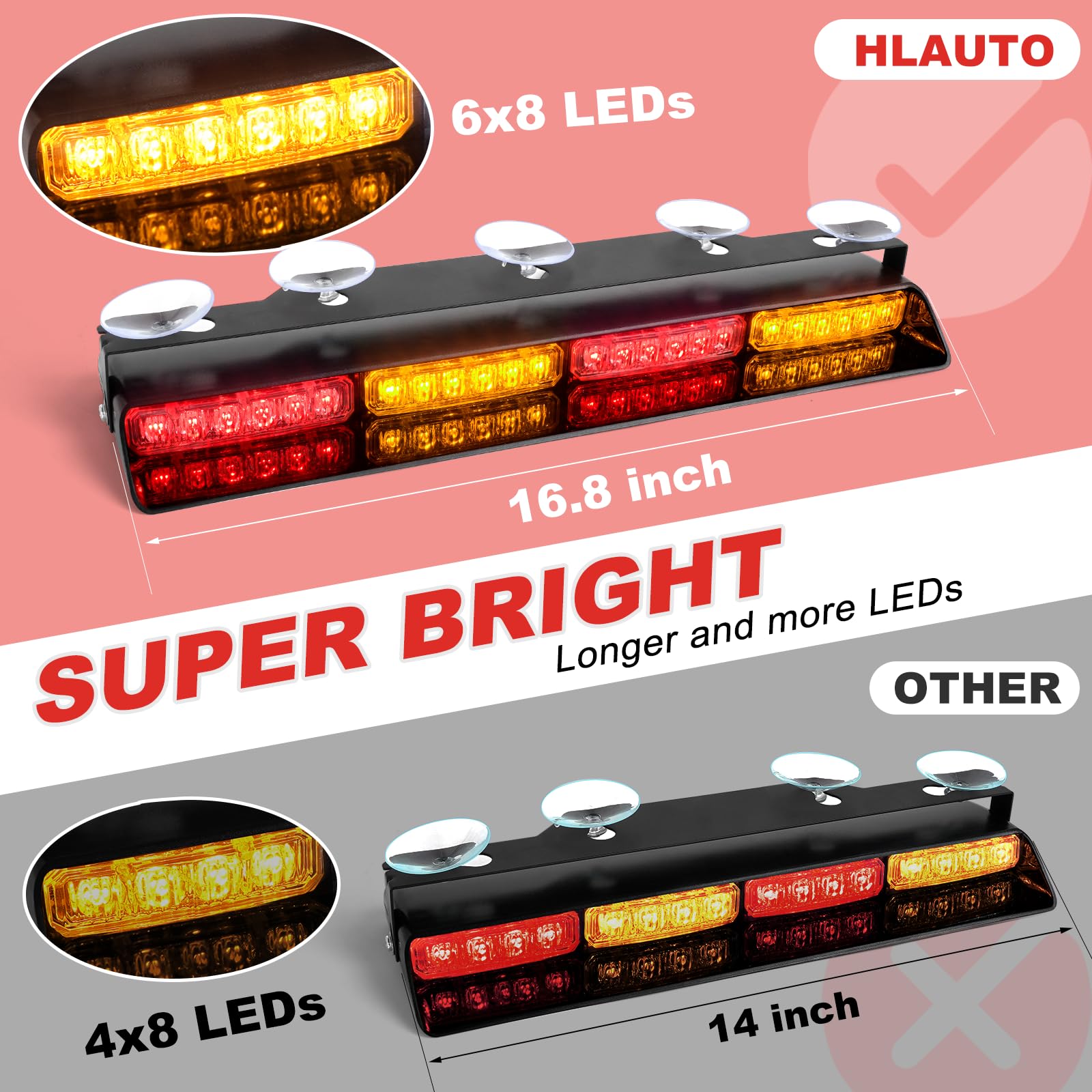 HLauto 604N Emergency Dash Strobe Lights: 2x16.8 inch Amber White Security Light w/Take Down, 48 LED Safety Flashing Warning Hazard Interior Windshield Light Bar for Truck Vehicle