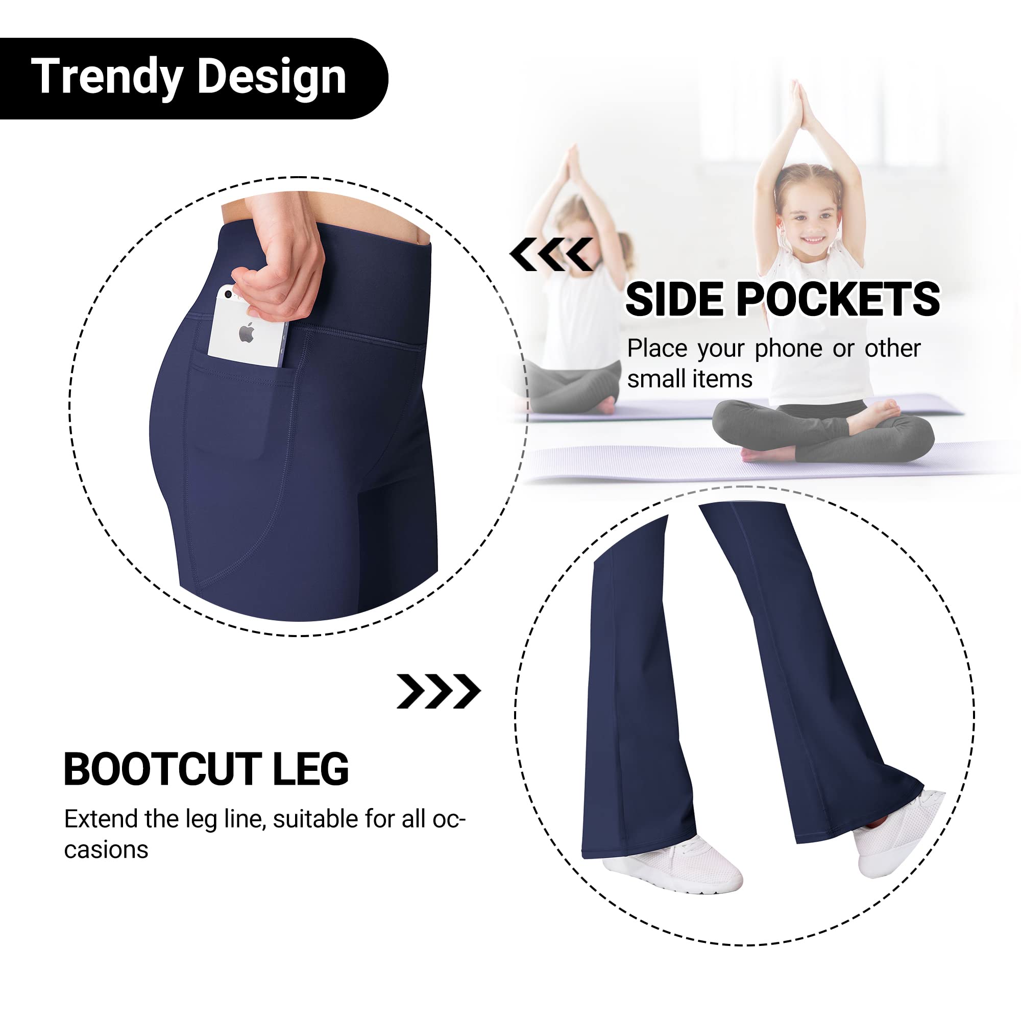 AENLLEY Girl Yoga Flare Wide Leg Tummy Control Stretchy Pants for Causal with Pockets 3 Pack