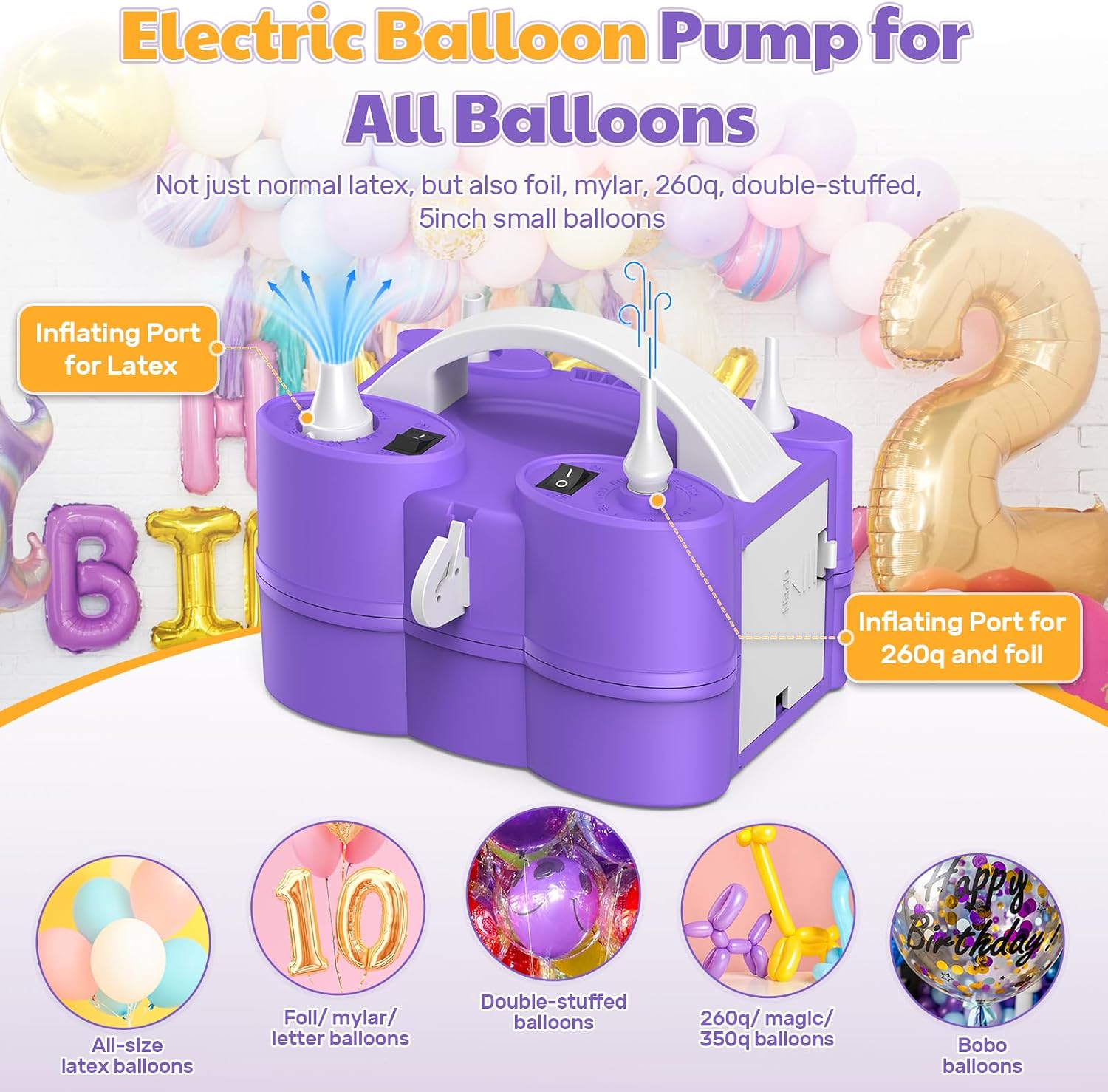 Keaibuding Balloon Pump Electric 3-in-1 Portable Air Pump for Inflatables and Balloons, Fast Inflation for 260q Foil Mylar Latex Double-Stuffed Balloons, Inflator Deflator for Pool Floats Air Bed
