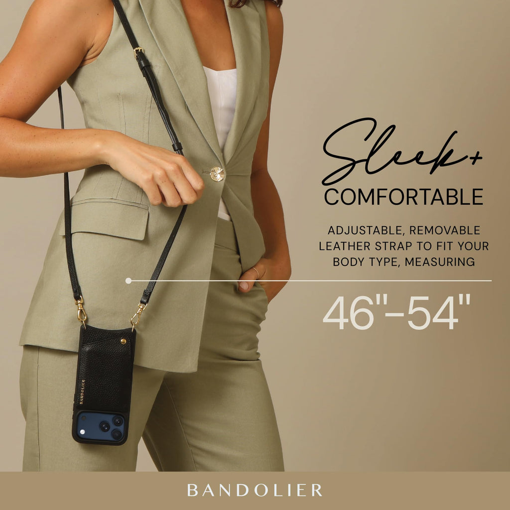 Bandolier Emma Crossbody Wallet Phone Case for iPhone 15 Pro Max. 100% Genuine Pebble Leather. Adjustable & Removable Crossbody Strap. Card Holder with Snap Closure. Black with Gold Hardware