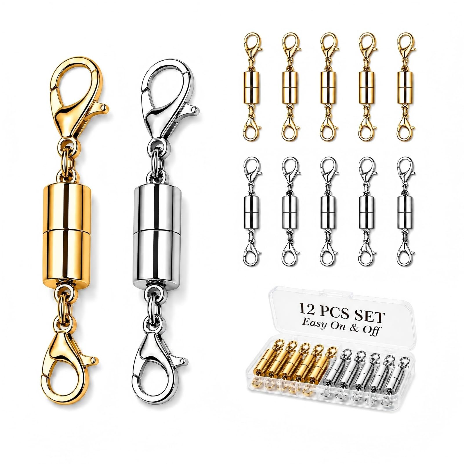 12 Pack Magnetic Necklace Clasps and Closures. Necklace Jewelry Extender with Strong Magnet. for Jewelry Necklace Bracelet Making. Gold and Silver Plating (12Pcs | Gold Cylinder)
