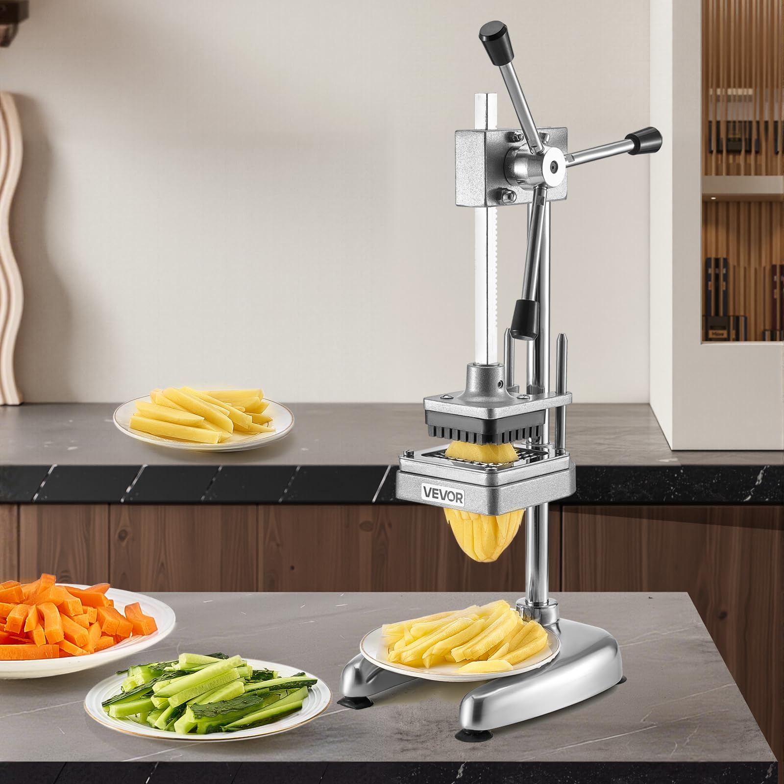 VEVOR Commercial French Fry Cutter, Stainless Steel Vegetable Fruit Chopper with 3 Replacement Blades 1/2-Inch 3/8-Inch 1/4-Inch, Manual Potato Slicer Dicer for Restaurants & Home Kitchen
