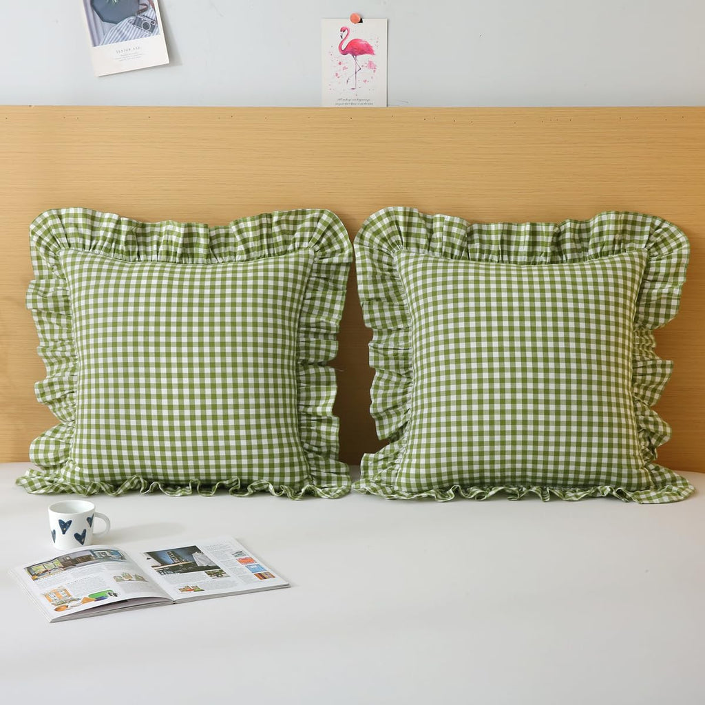 Silnuo Green/White Plaid Ruffled Queen Size Pillow Shams Set of 2,Washed Cotton Shabby Checkered Gingham Farmhouse Bed Pillow Covers 20"x30"