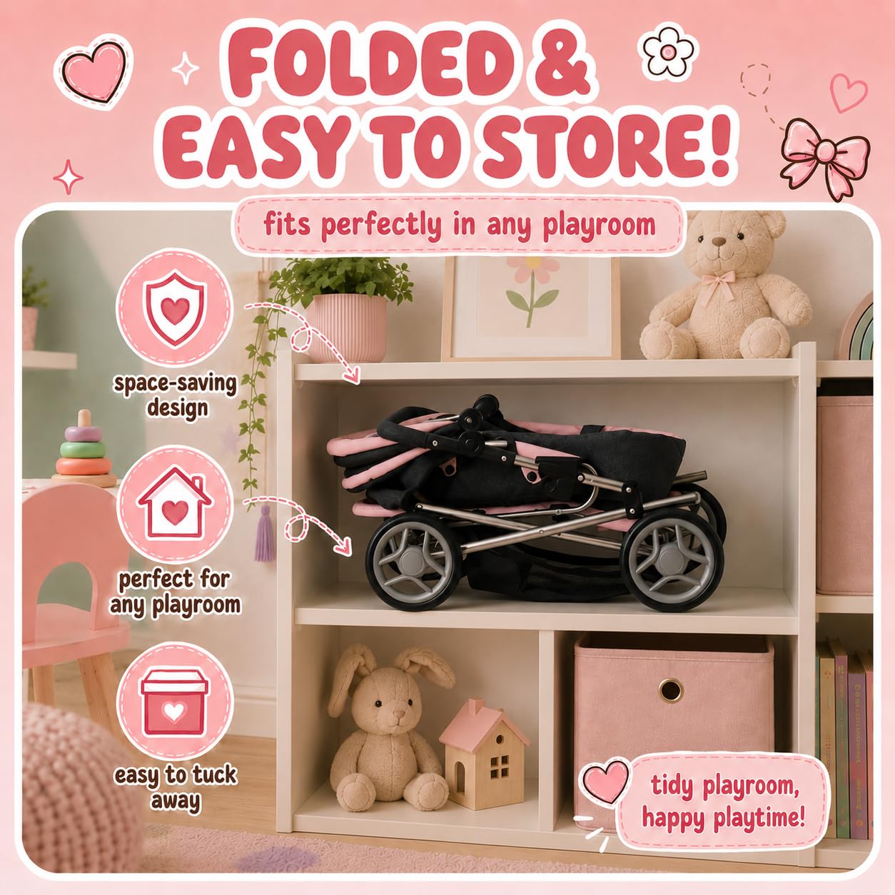 Baby Doll Convertible Pram Stroller with Removable Travel Bassinet Carrier for Kids Adjustable Handle Buggy Carriage with Canopy and Storage Basket 25 Inch Pink, Black