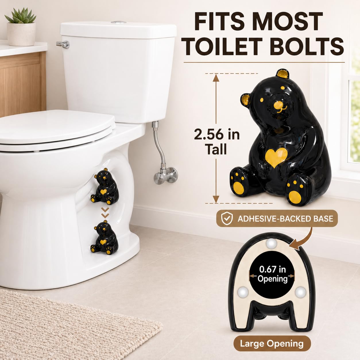 MENNTY Black Polar Bear Toilet Bolt Covers Decorative - 2 Glossy Black Ceramic Toilet Bolt Caps + 4 Universal Toilet Caps for Bottom of Toilet, Modern Monochrome Bathroom Decor