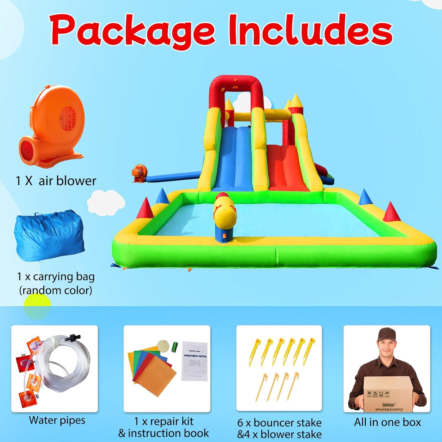Umbalir 10-in-1 Inflatable Water Park - Giant Bounce House with 2 Water Slides, Big Splash Pool, Water Cannons, Climbing Wall, Tunnels & Obstacle Course for Endless Fun